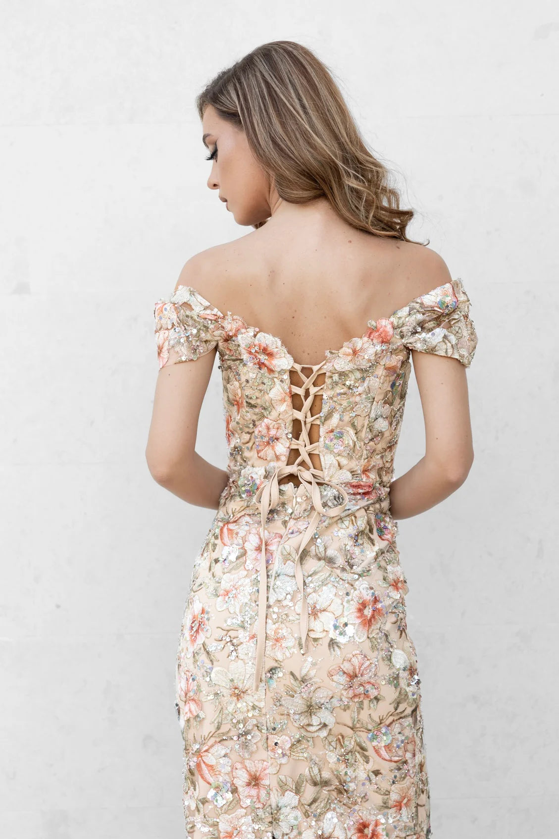 Lace Corset Midi Dress with Hand-Applied Floral Details
