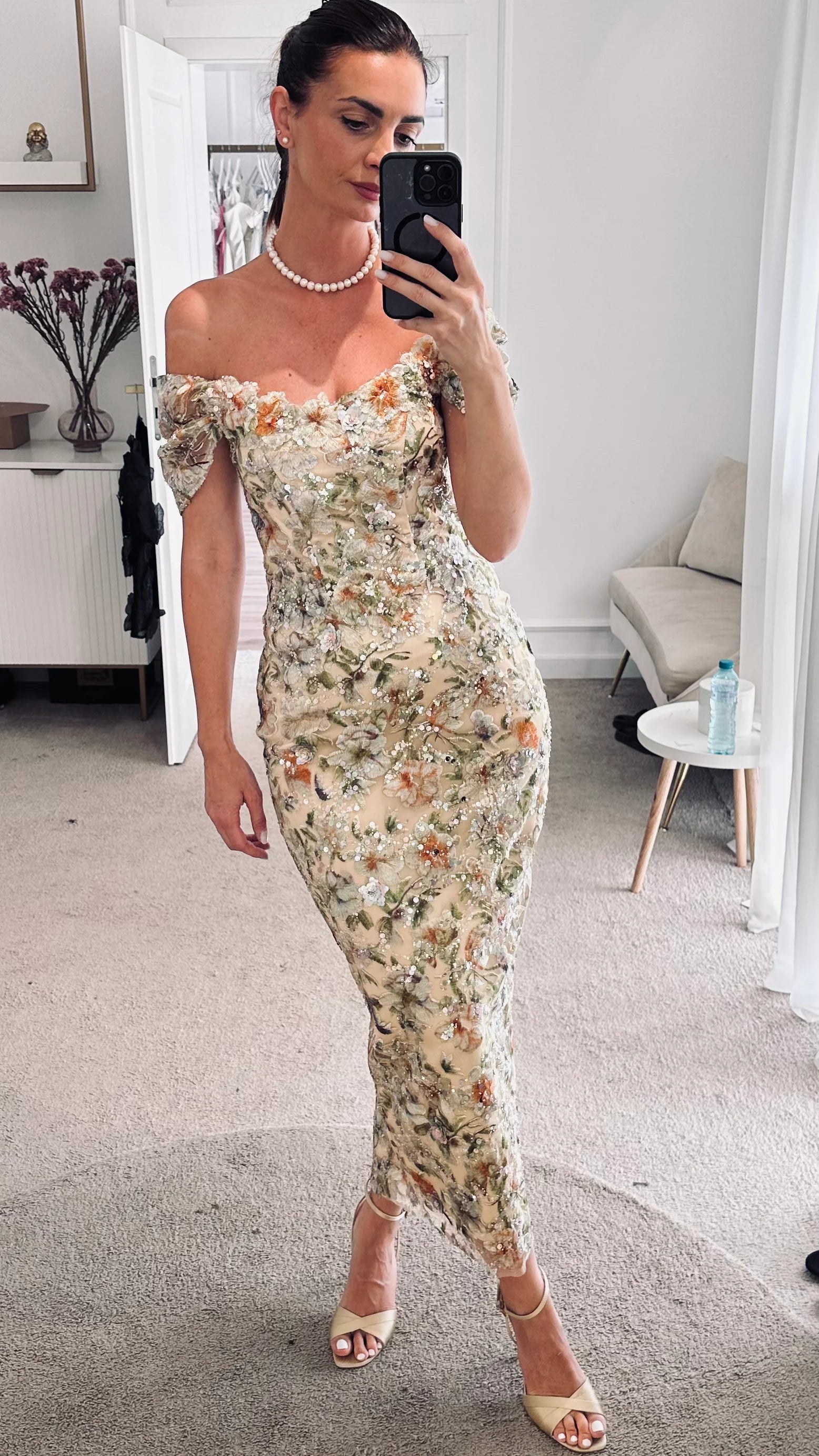 Lace Corset Midi Dress with Hand-Applied Floral Details