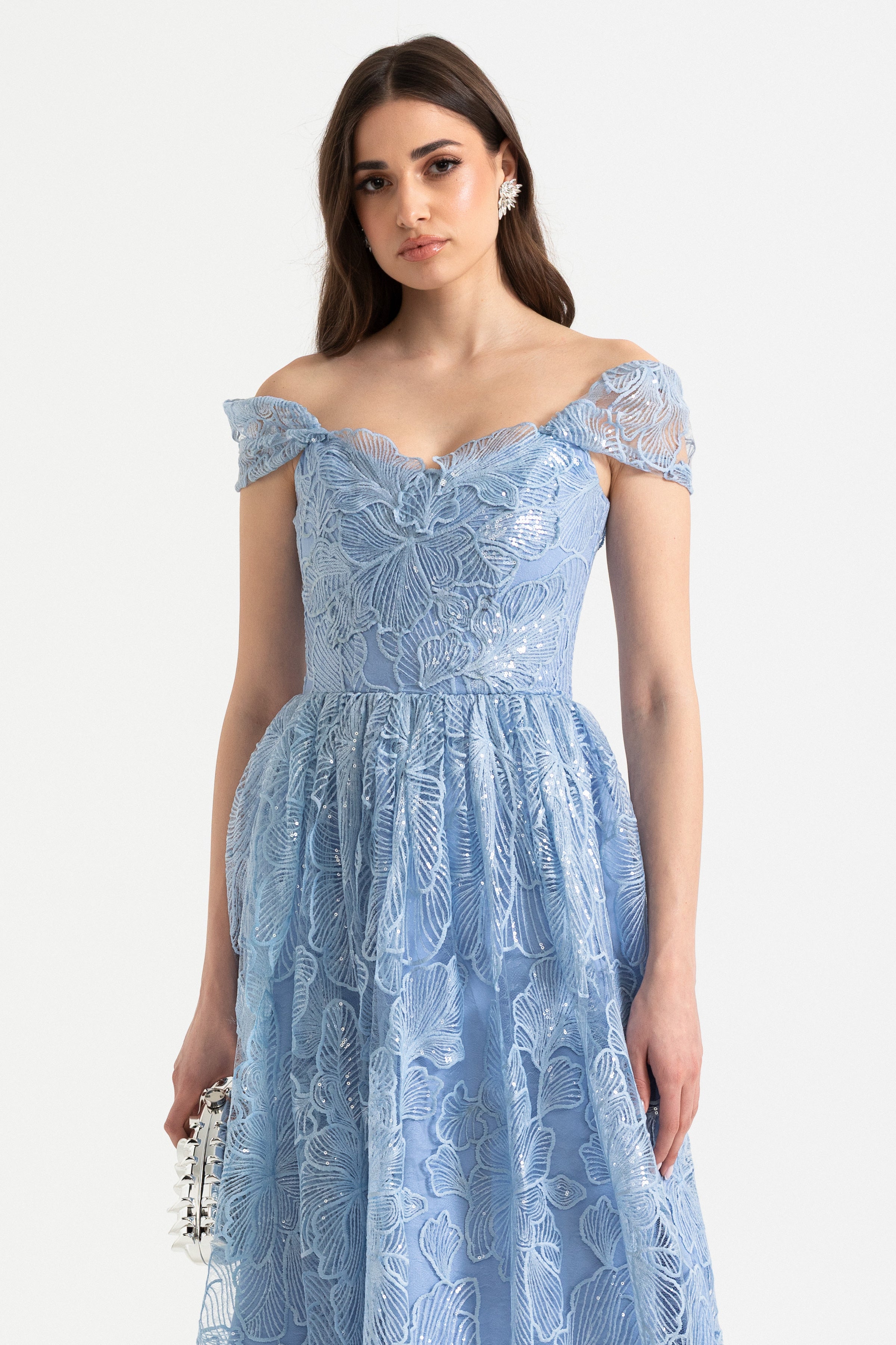 Off-Shoulder Midi Jurk met Bloemenkant en Korset Achterkant