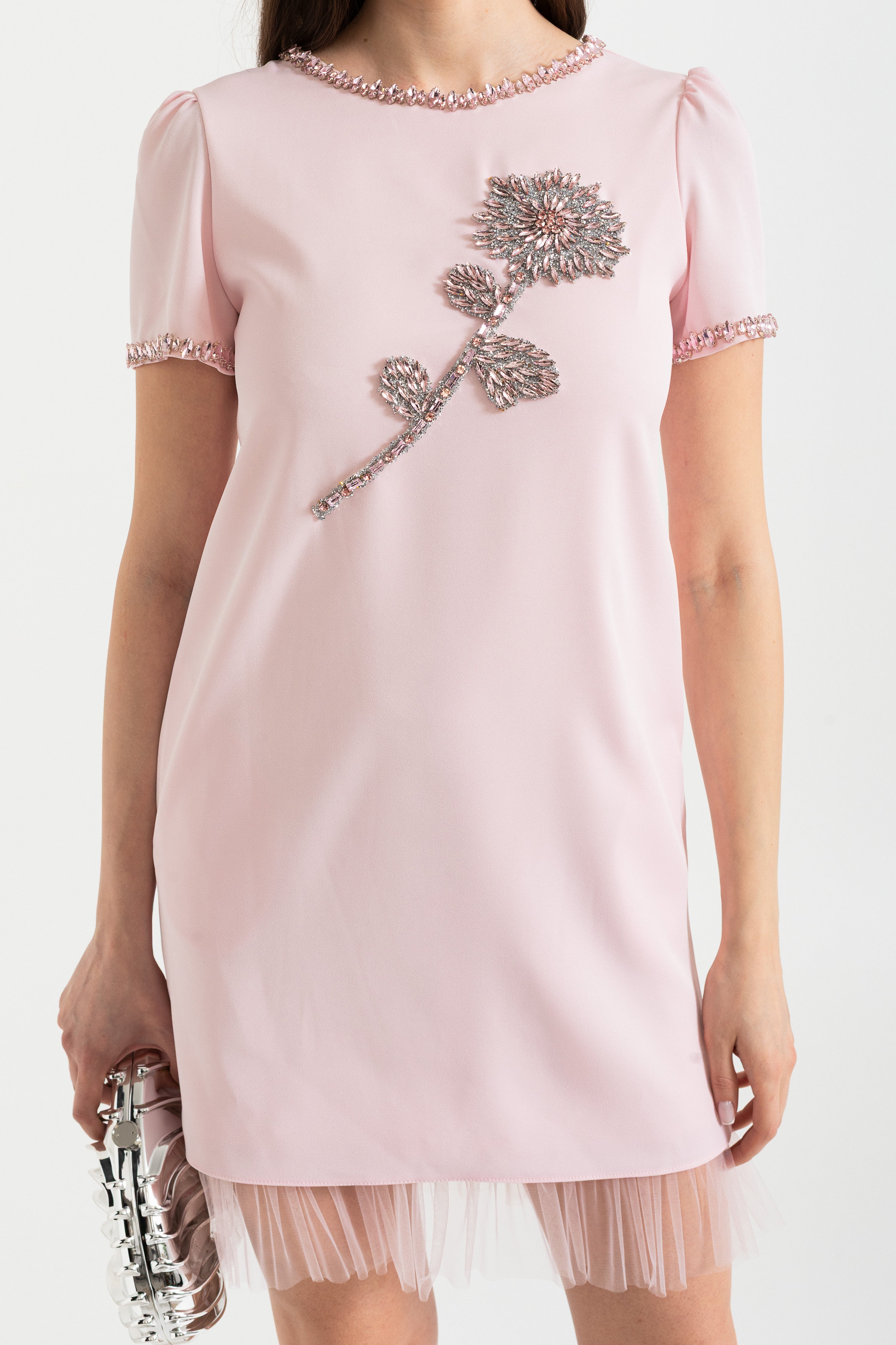 Mini Jurk met Geborduurde Bloemdetail en Tulle Zoom