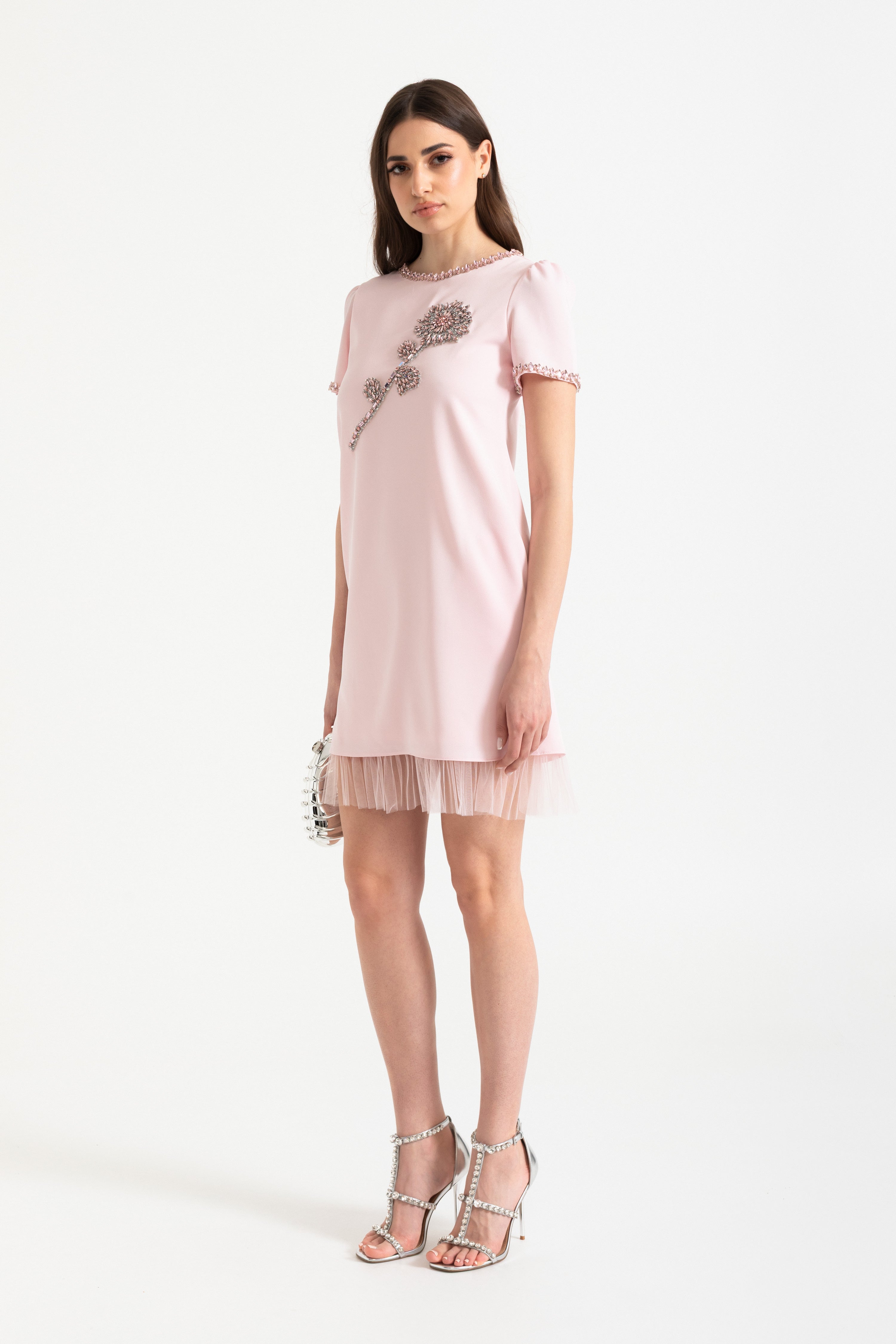 Mini Jurk met Geborduurde Bloemdetail en Tulle Zoom