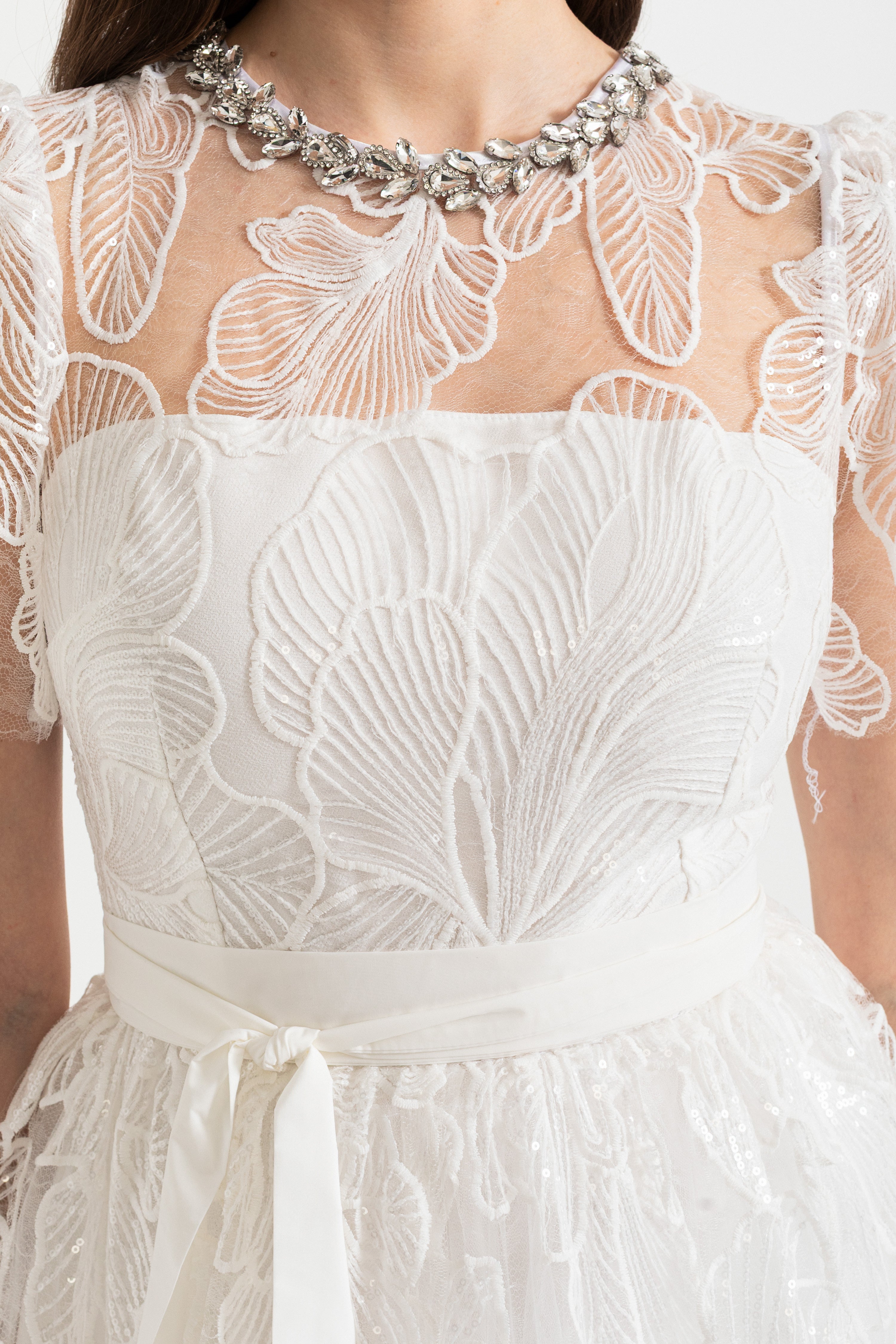 Mini Dress with Sheer Top and Satin Waist Tie