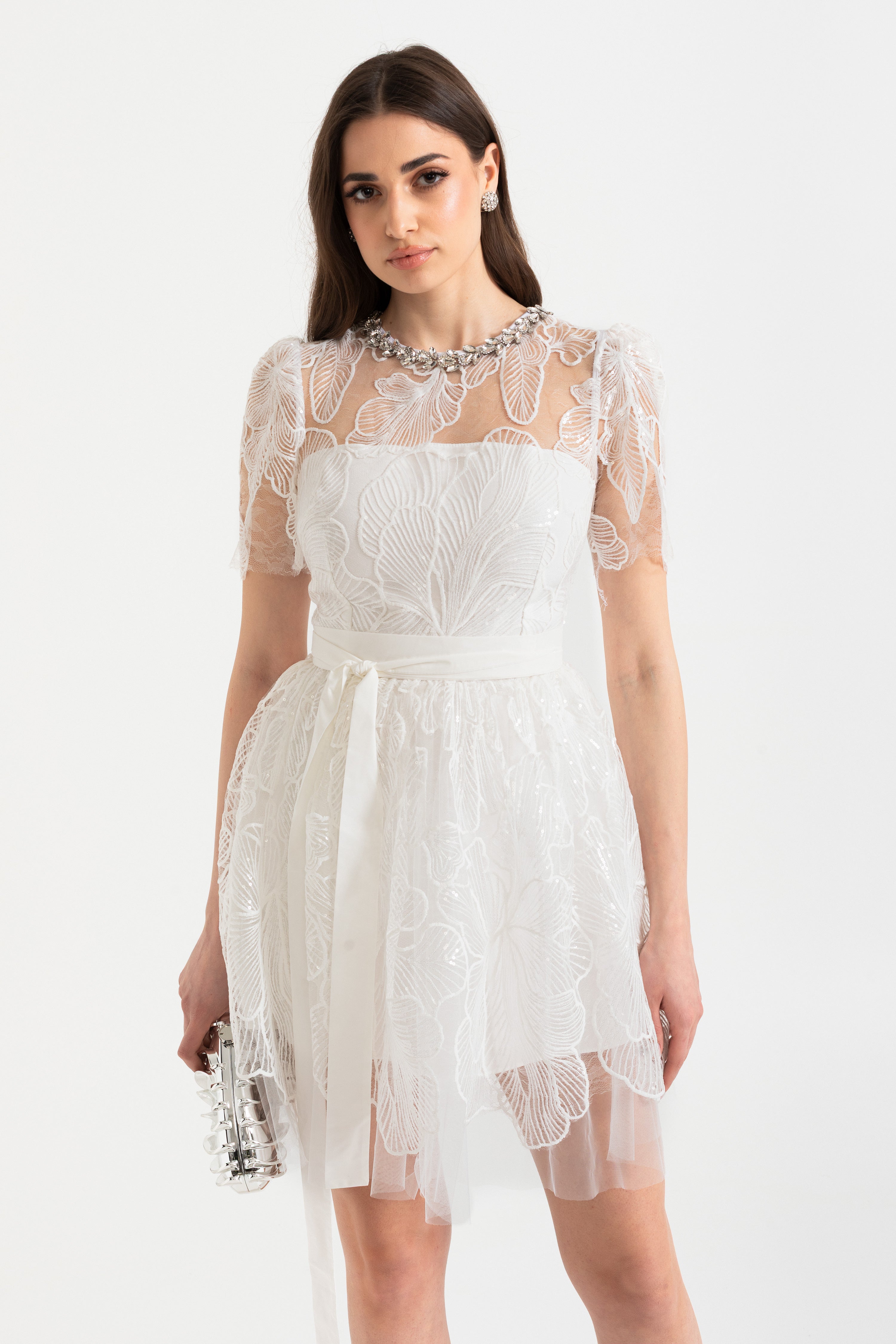 Mini Dress with Sheer Top and Satin Waist Tie
