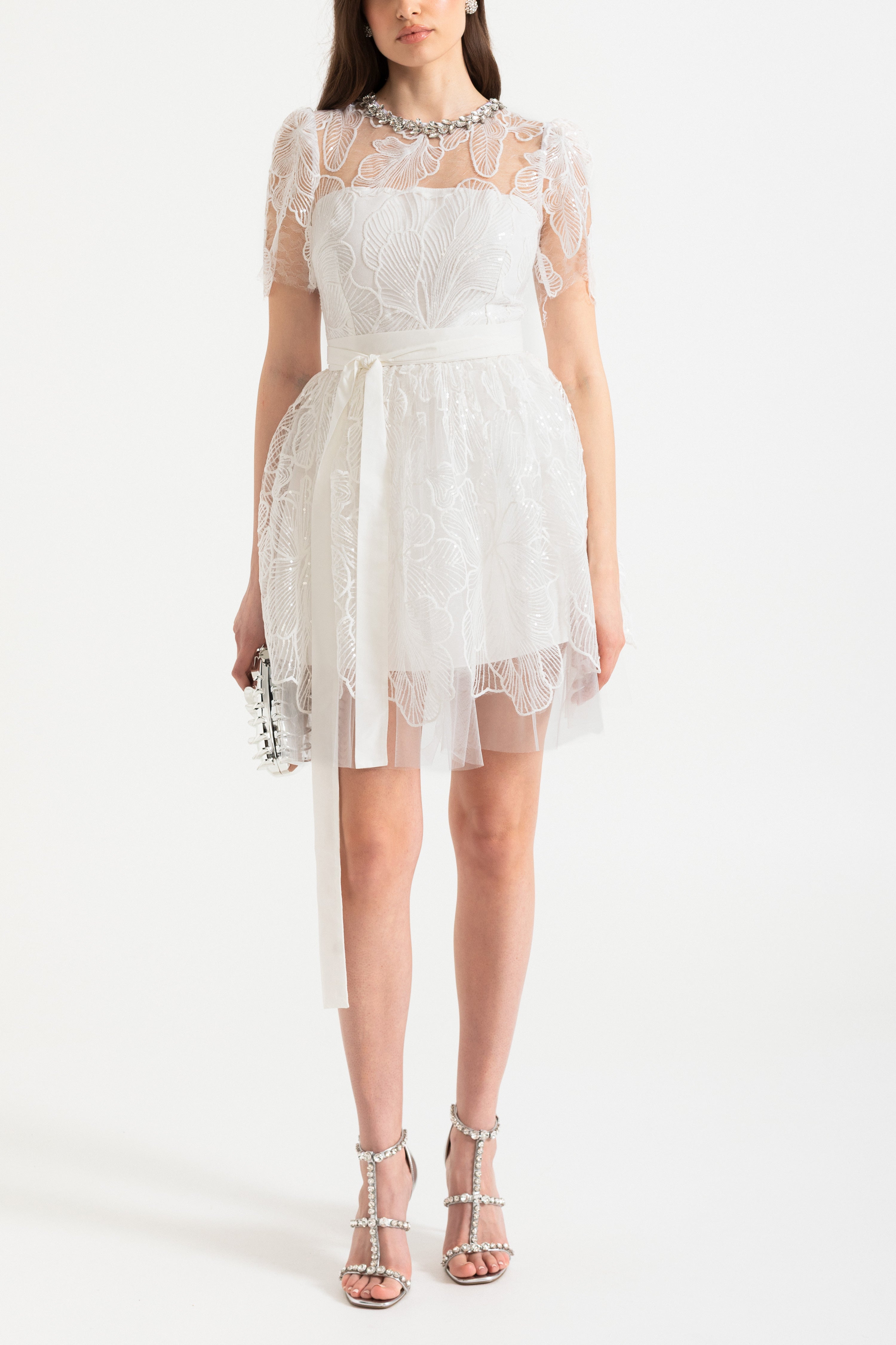 Mini Dress with Sheer Top and Satin Waist Tie