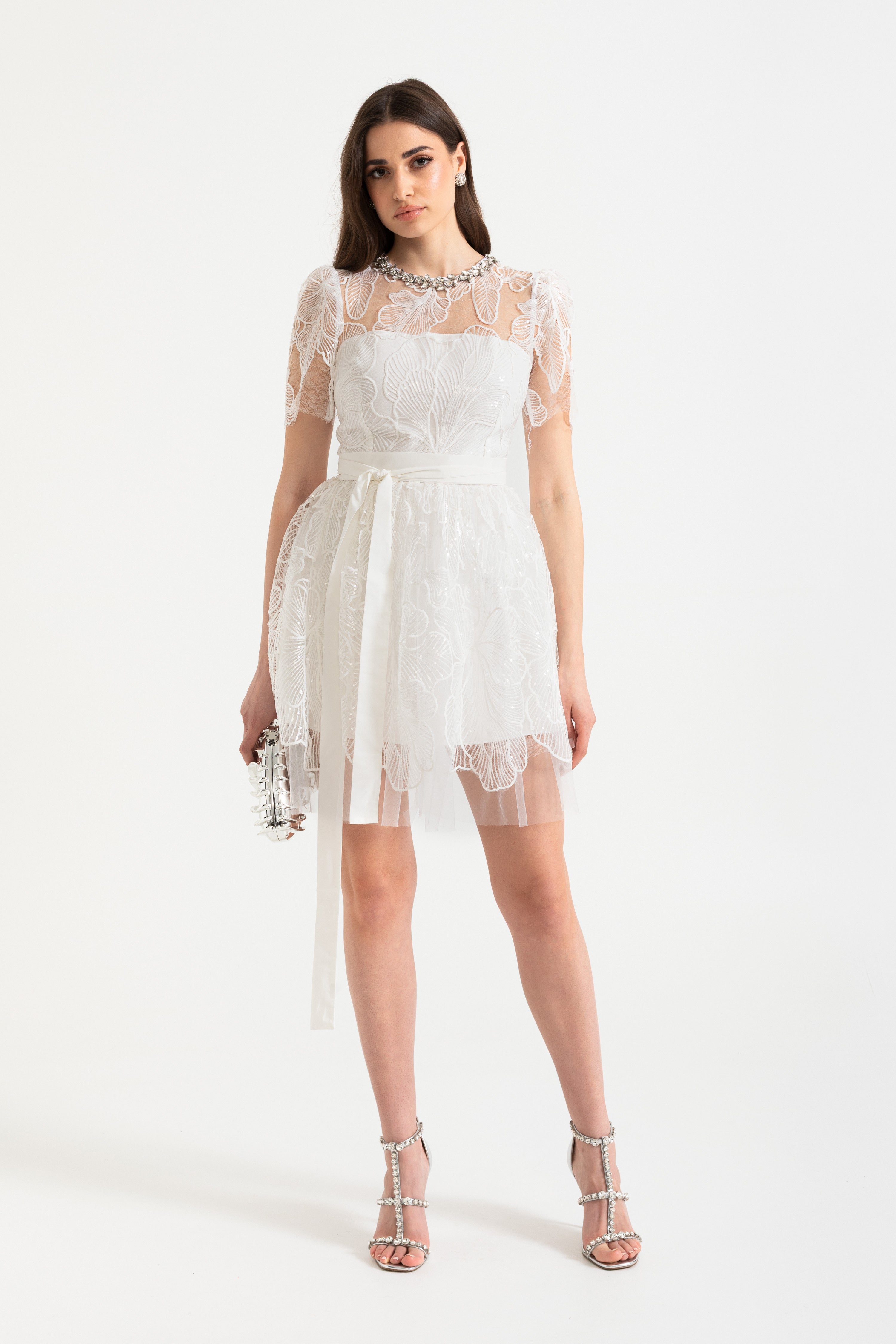 Mini Dress with Sheer Top and Satin Waist Tie