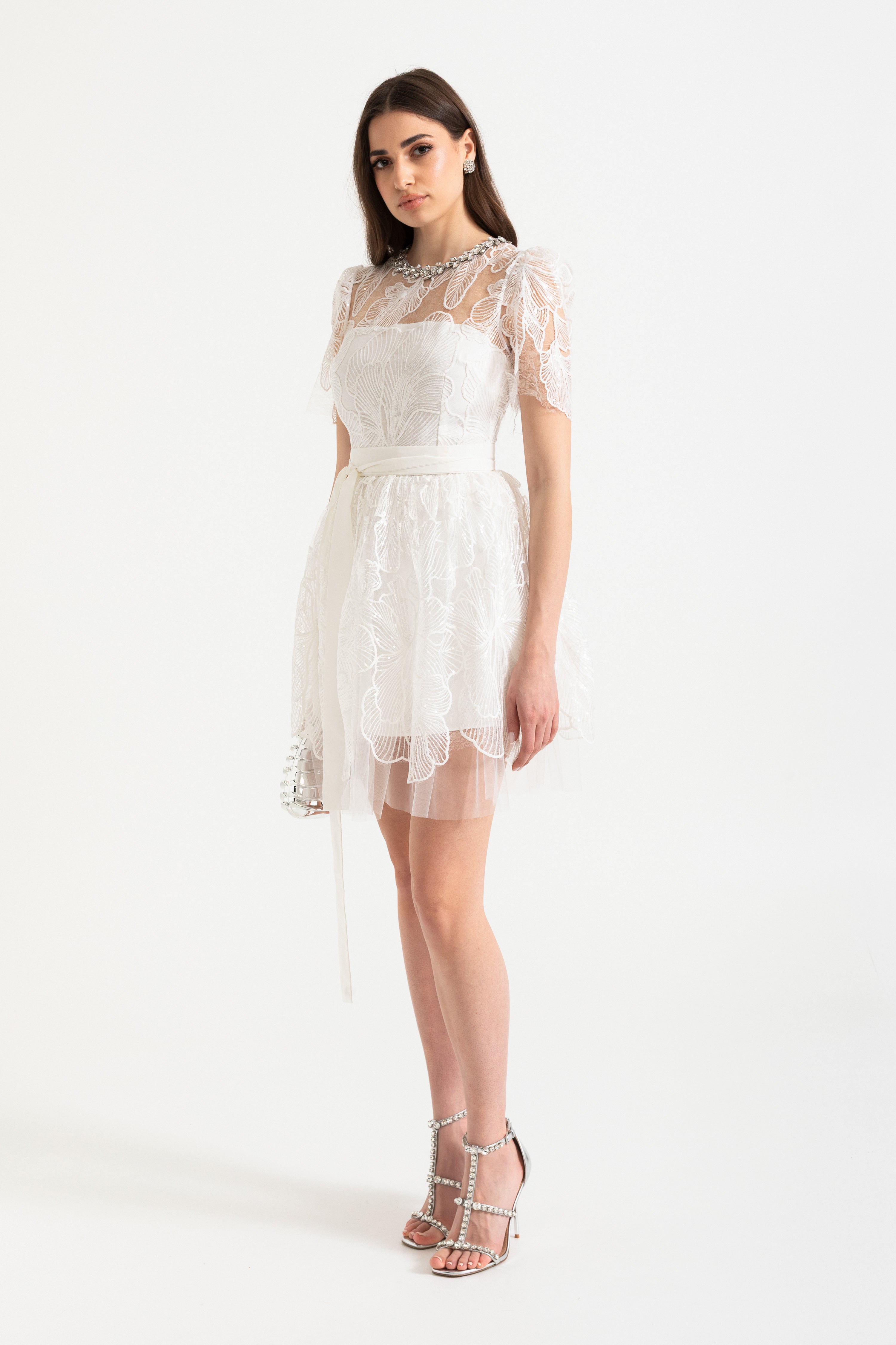 Mini Dress with Sheer Top and Satin Waist Tie