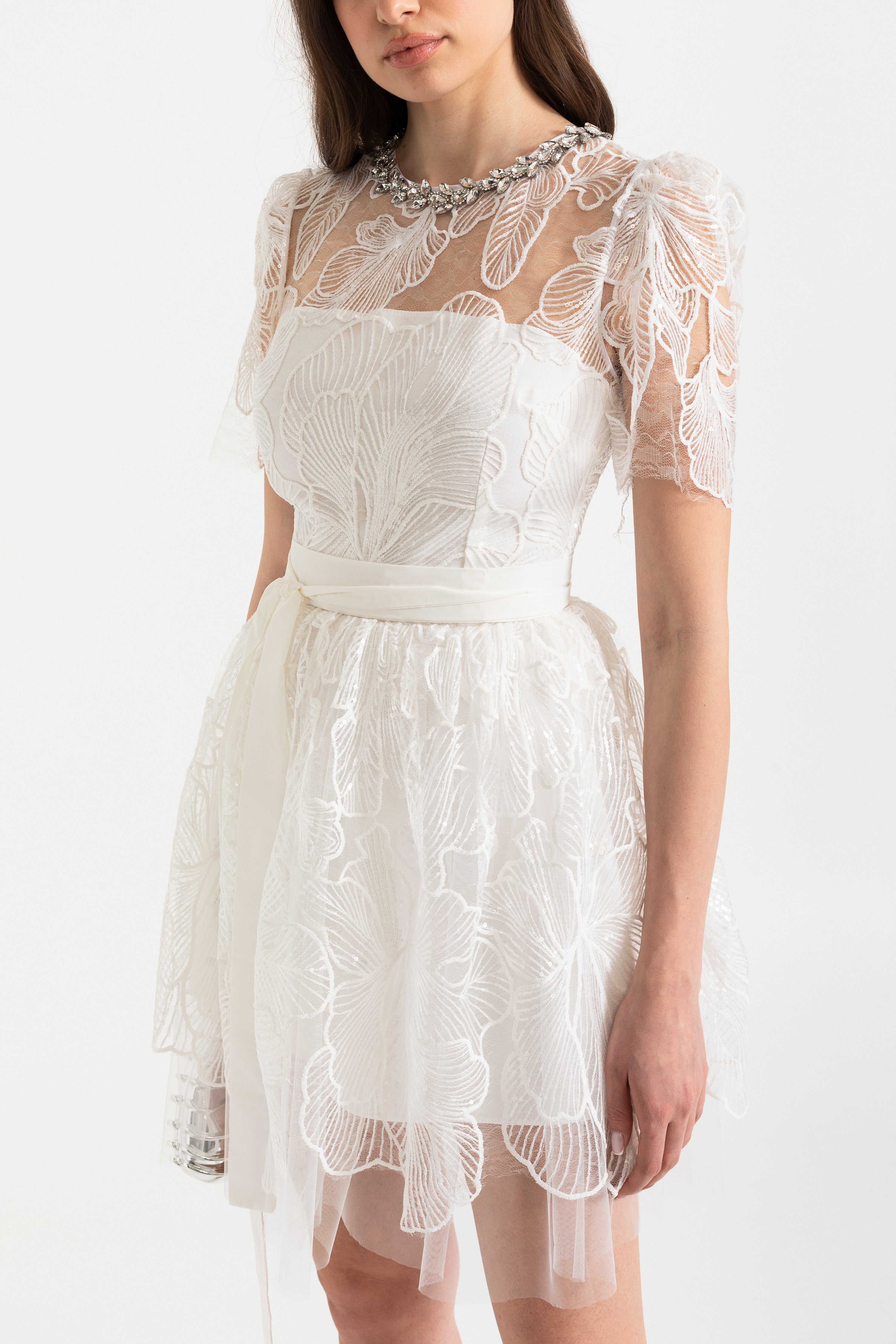 Mini Dress with Sheer Top and Satin Waist Tie
