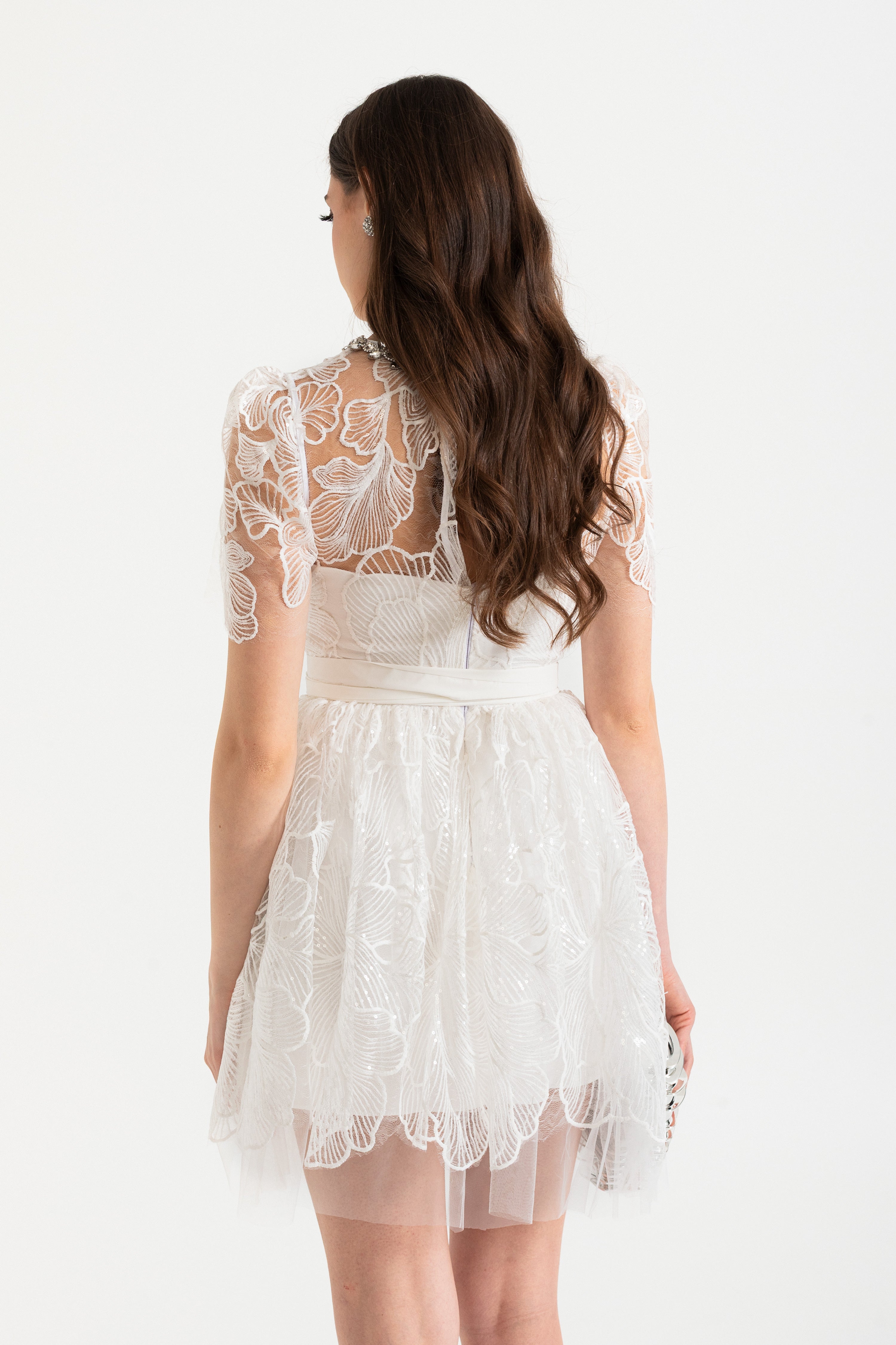 Mini Dress with Sheer Top and Satin Waist Tie