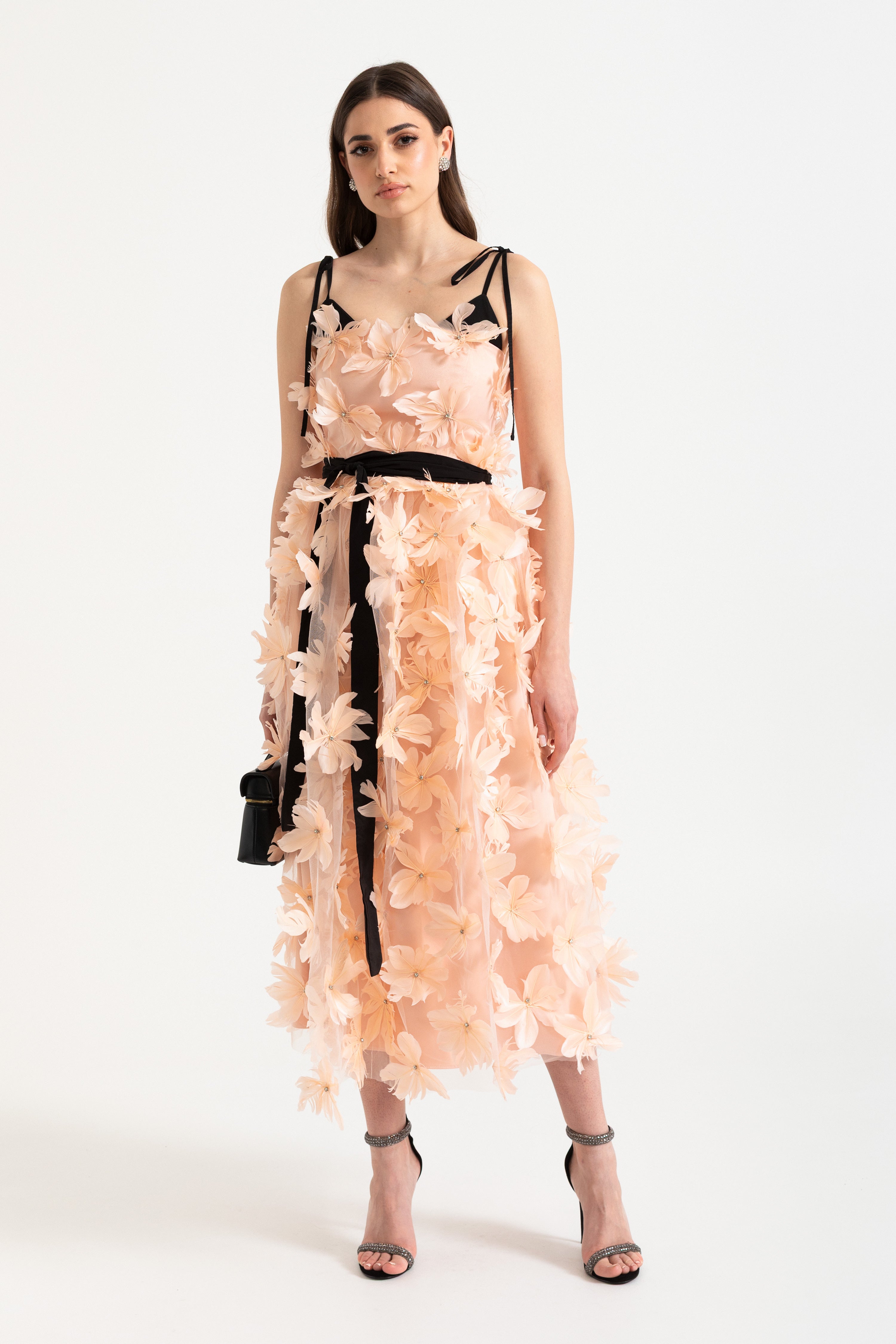 Midi-jurk met 3D-bloemenapplicatie en strikbandjes