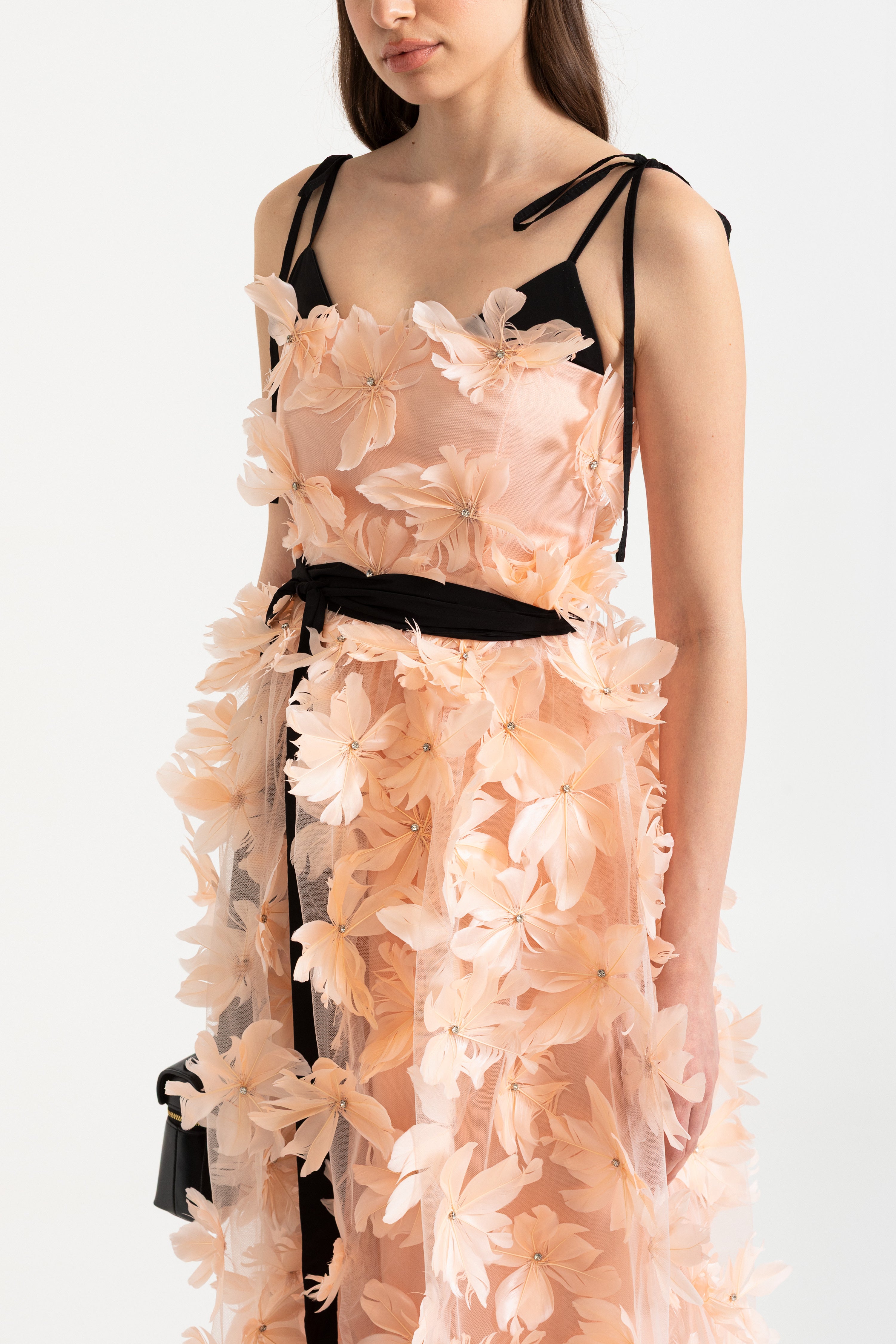Midi-jurk met 3D-bloemenapplicatie en strikbandjes