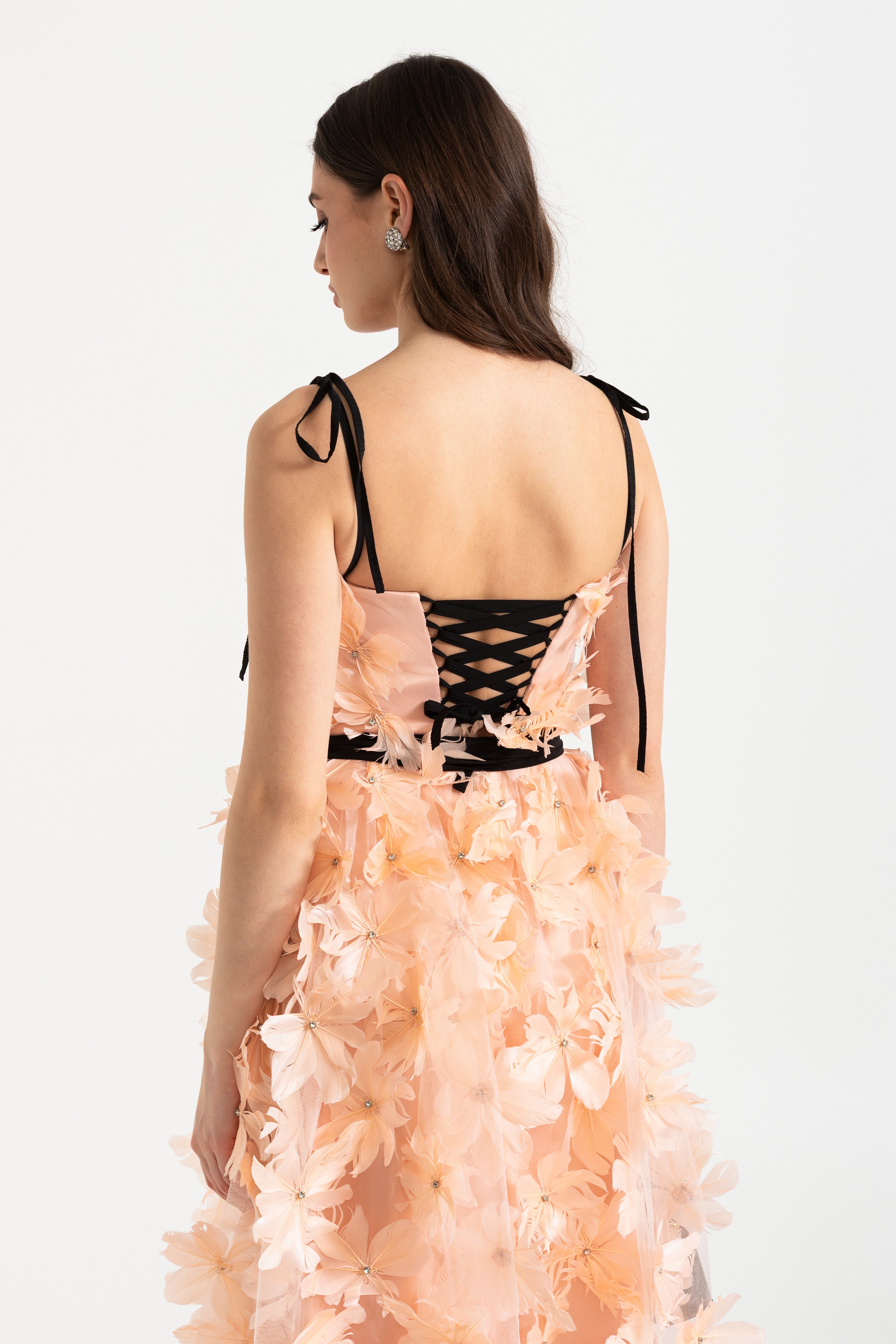 Midi-jurk met 3D-bloemenapplicatie en strikbandjes