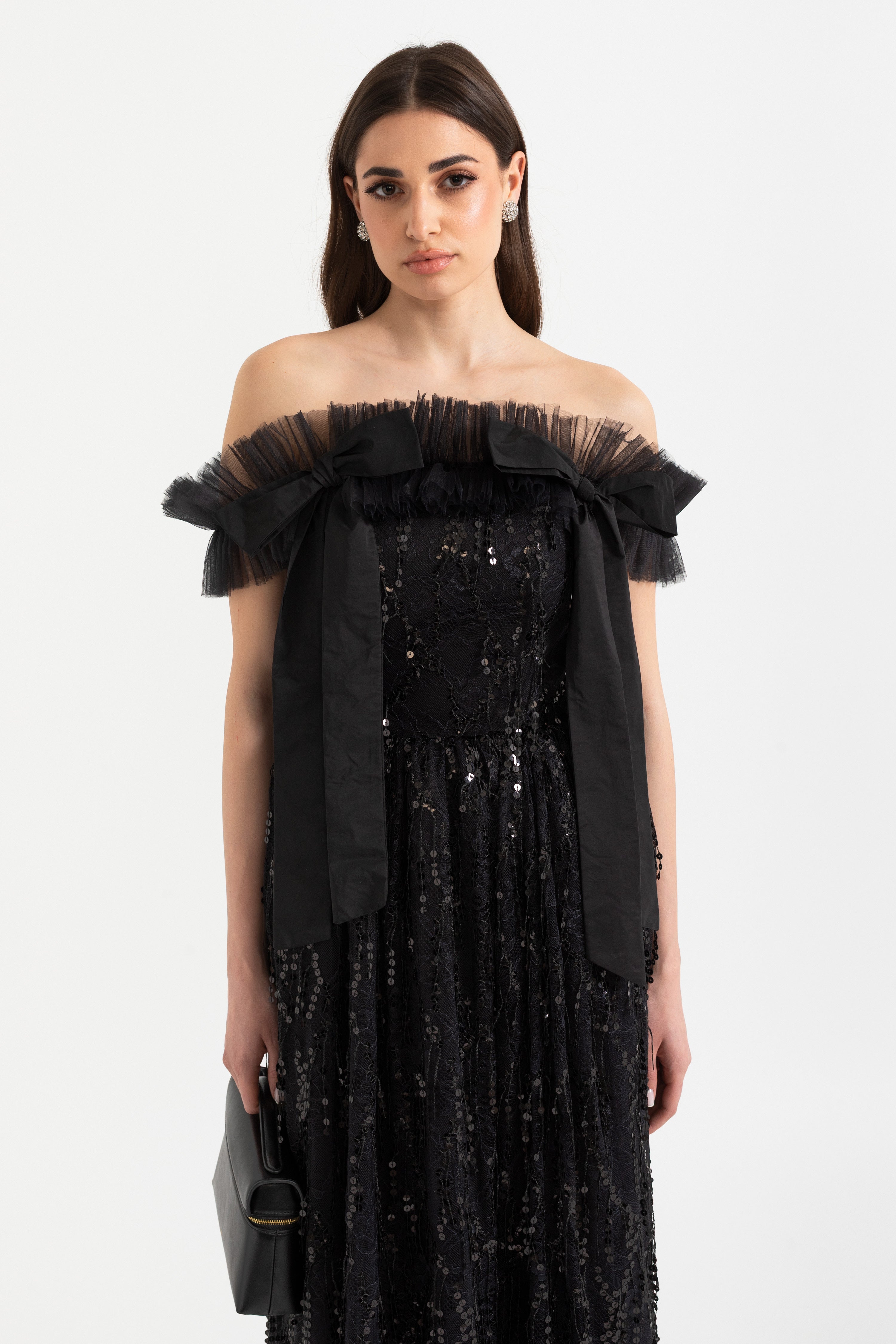 Off-Shoulder Pailletten Midi Jurk met Tulle Ruches en Vetersluiting Achter