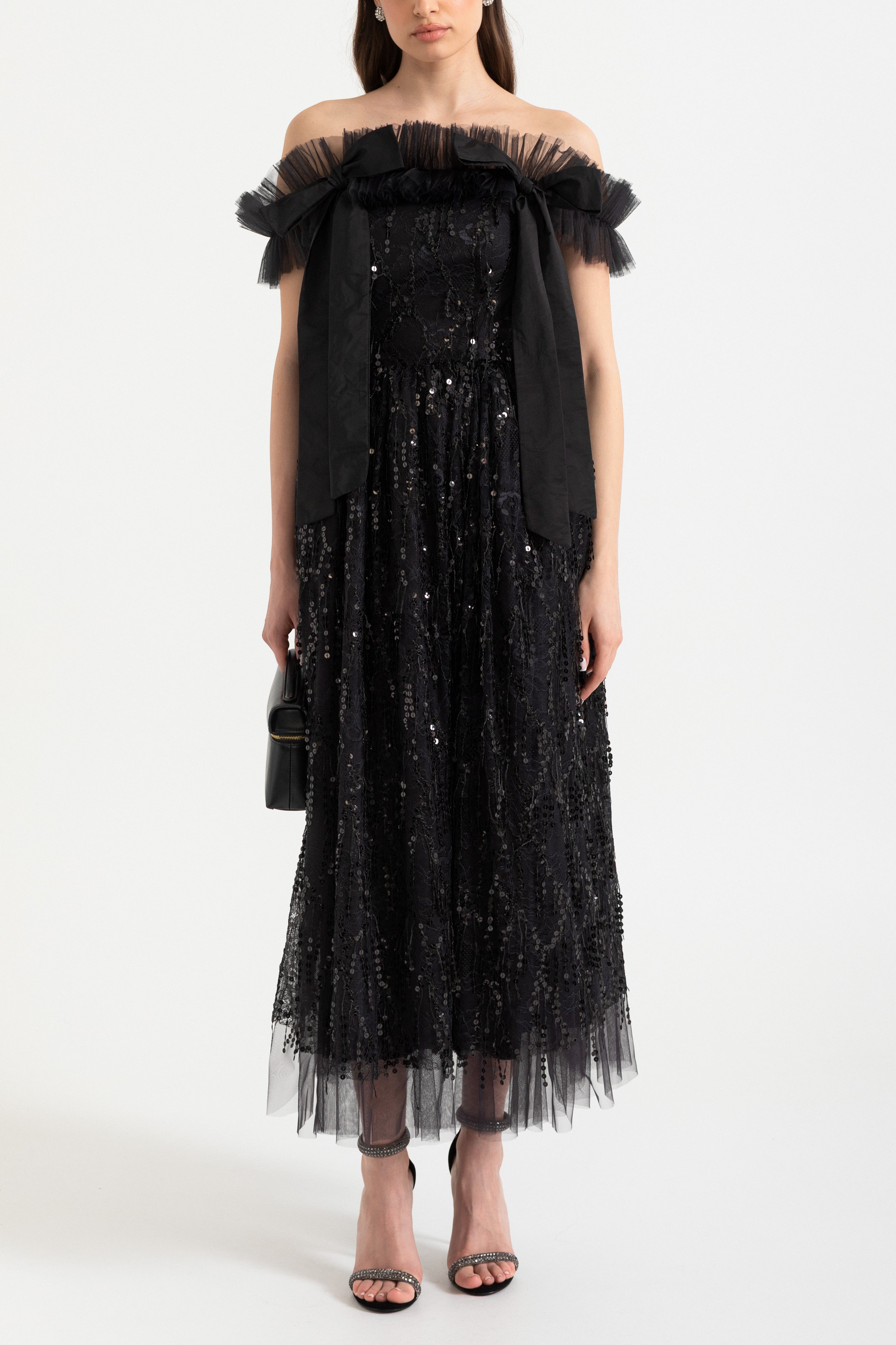 Off-Shoulder Pailletten Midi Jurk met Tulle Ruches en Vetersluiting Achter