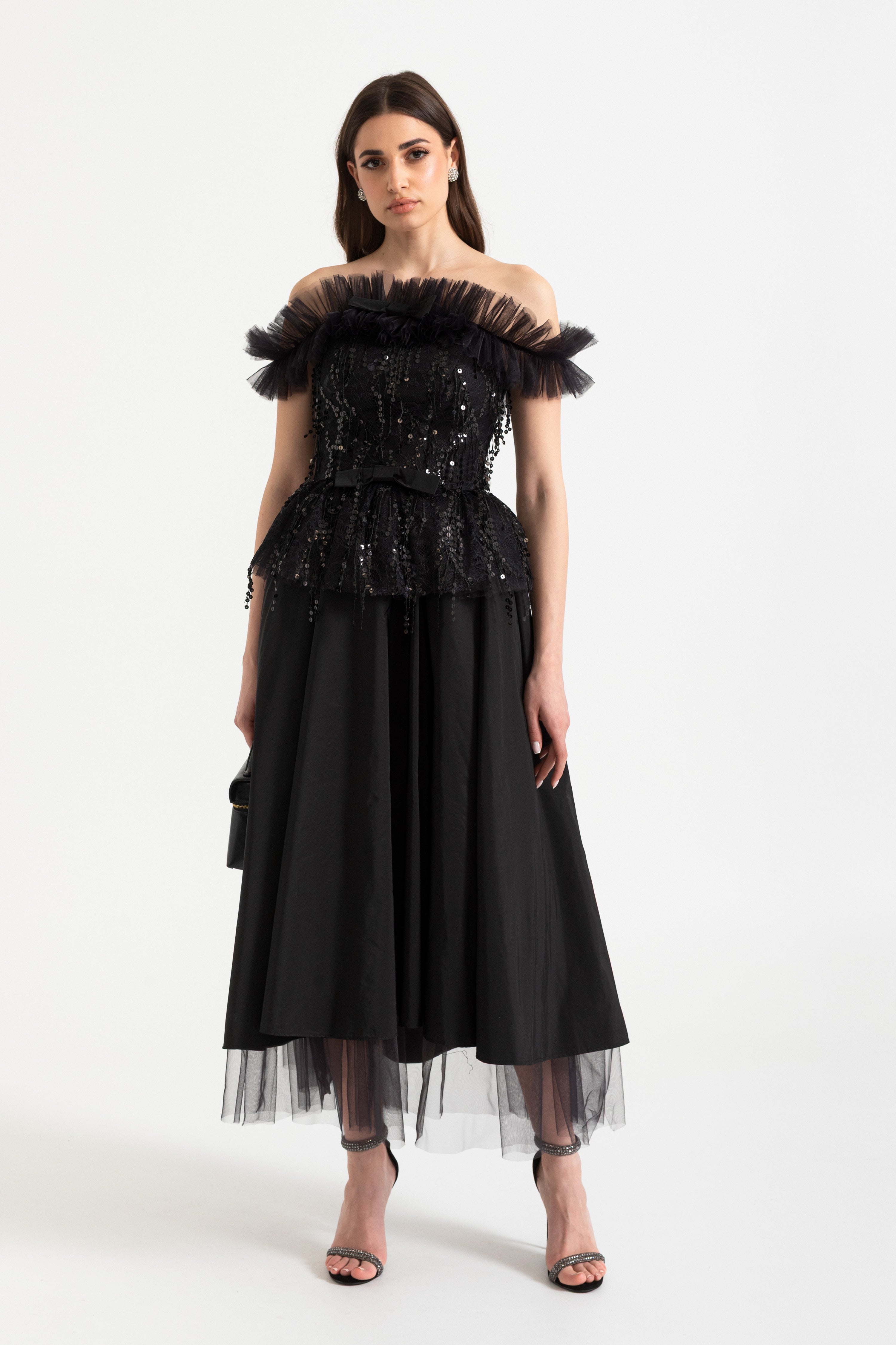 Off-shoulder corsettop met paillettenborduurwerk en gerimpelde afwerking