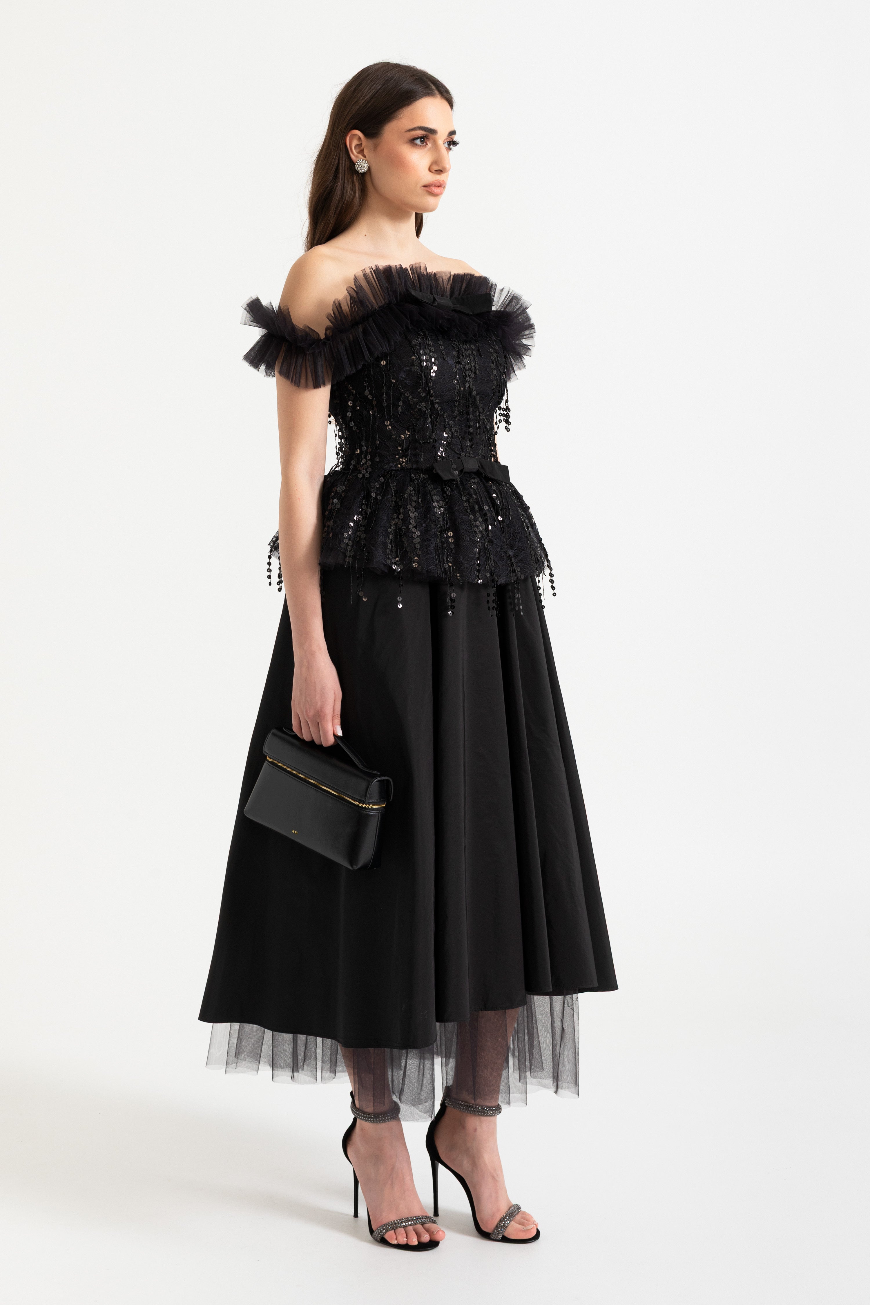 Off-shoulder corsettop met paillettenborduurwerk en gerimpelde afwerking