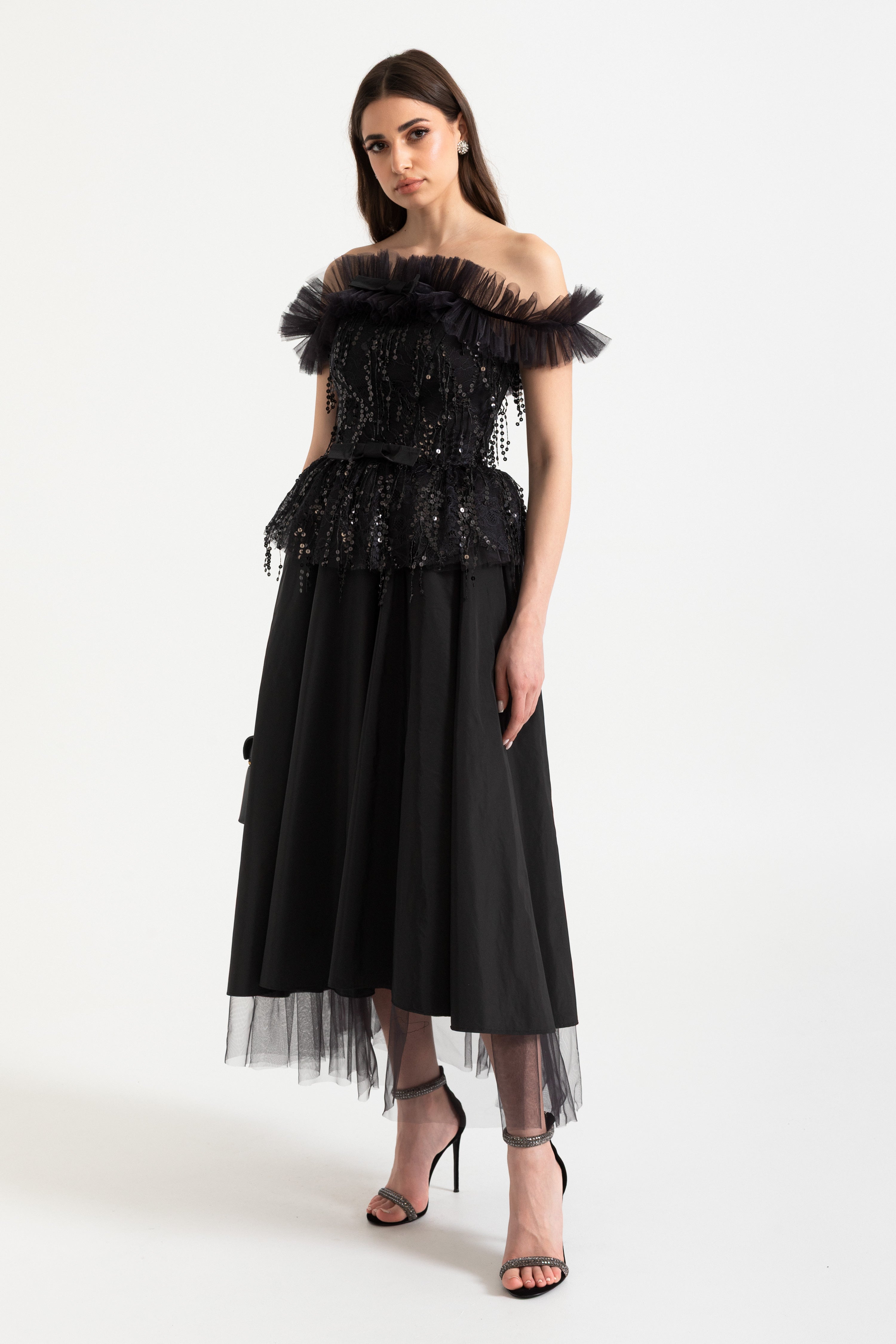 Off-shoulder corsettop met paillettenborduurwerk en gerimpelde afwerking