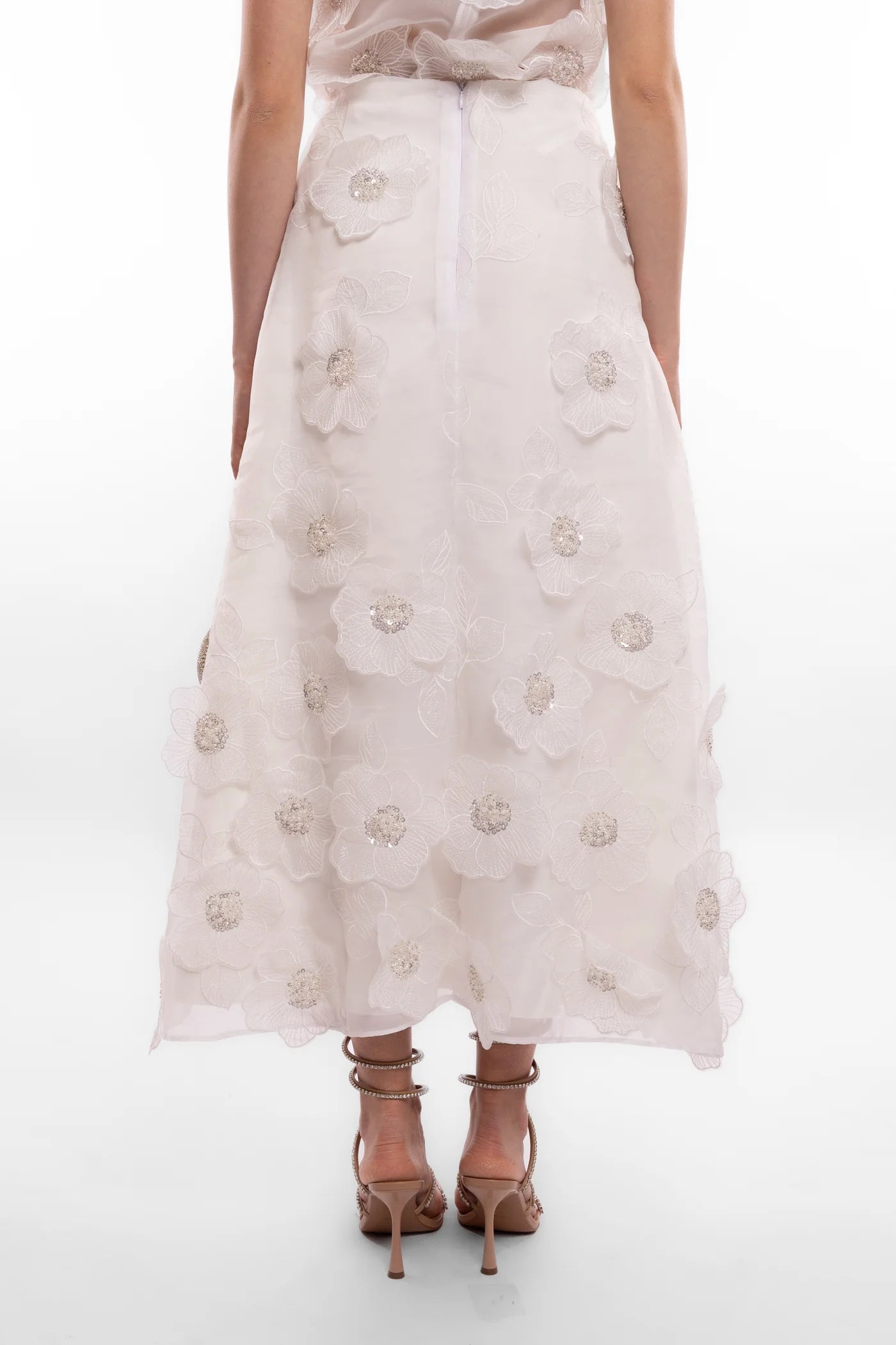 Camille Midi Skirt with Flowers - White