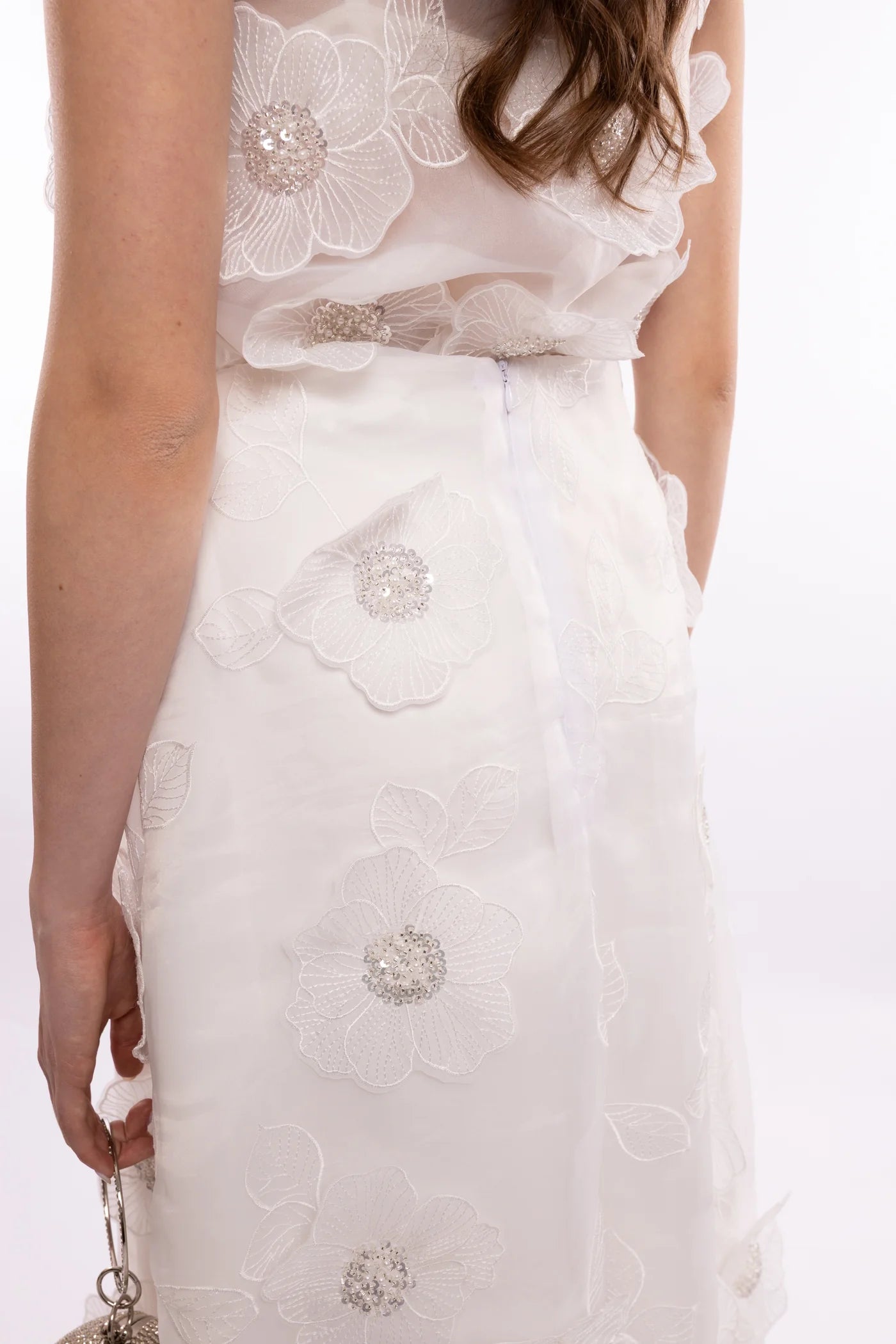 Camille Midi Skirt with Flowers - White