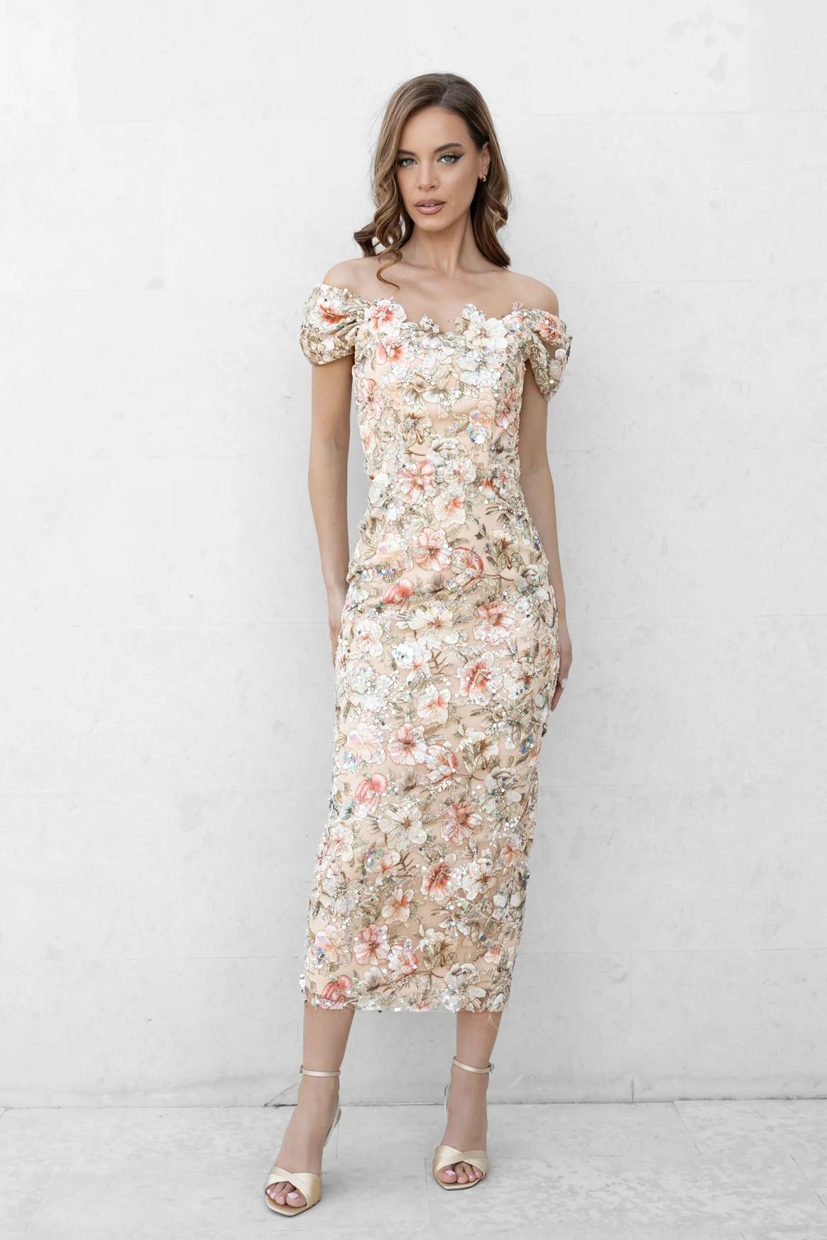 Lace Corset Midi Dress with Hand-Applied Floral Details