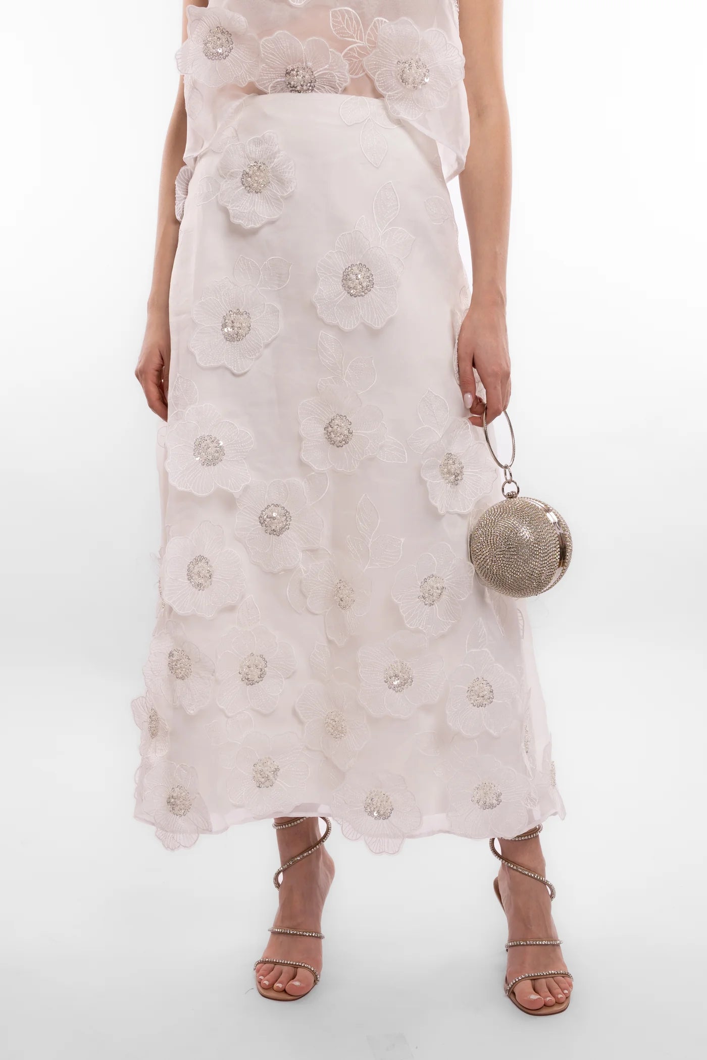 Camille Midi Skirt with Flowers - White