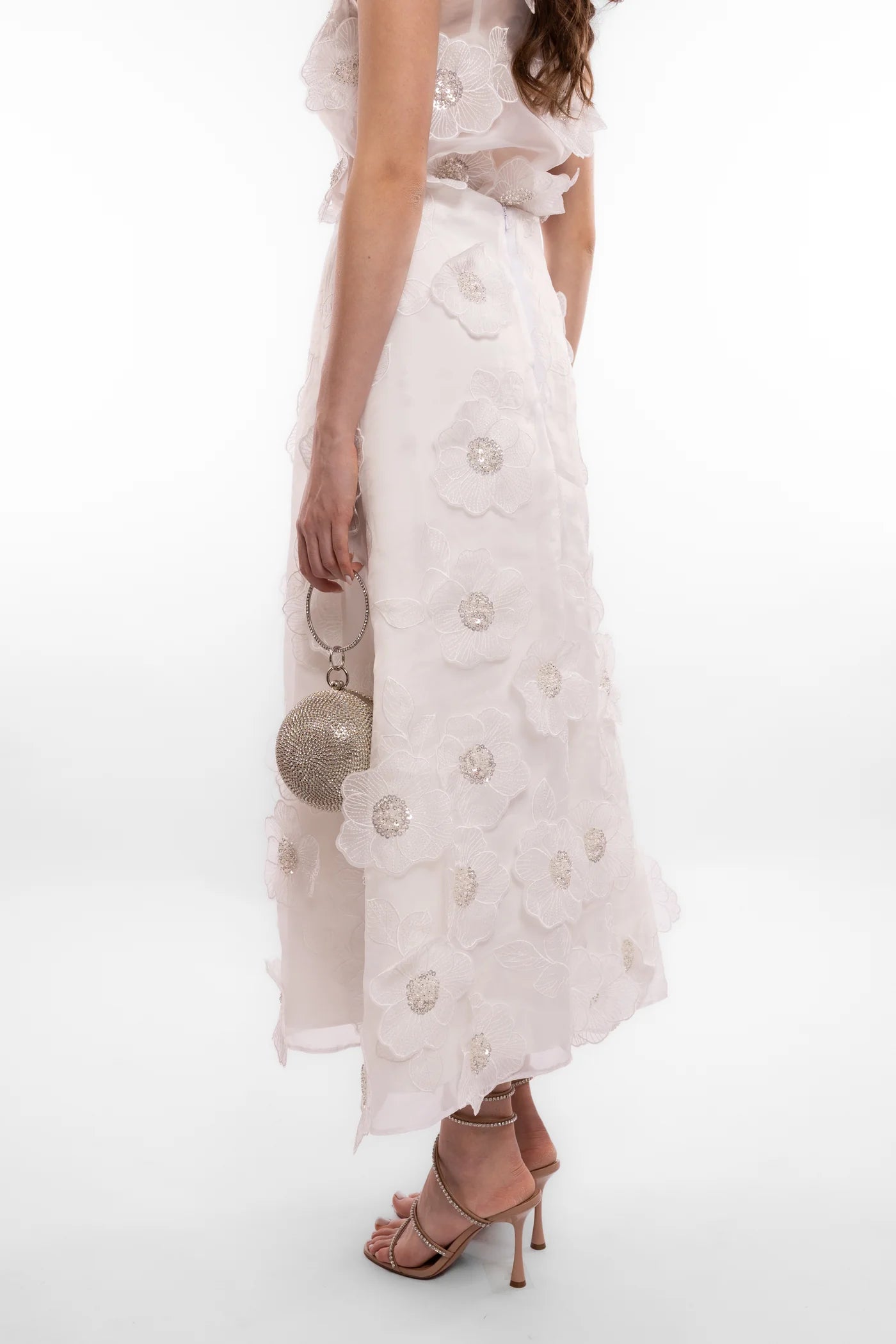 Camille Midi Skirt with Flowers - White