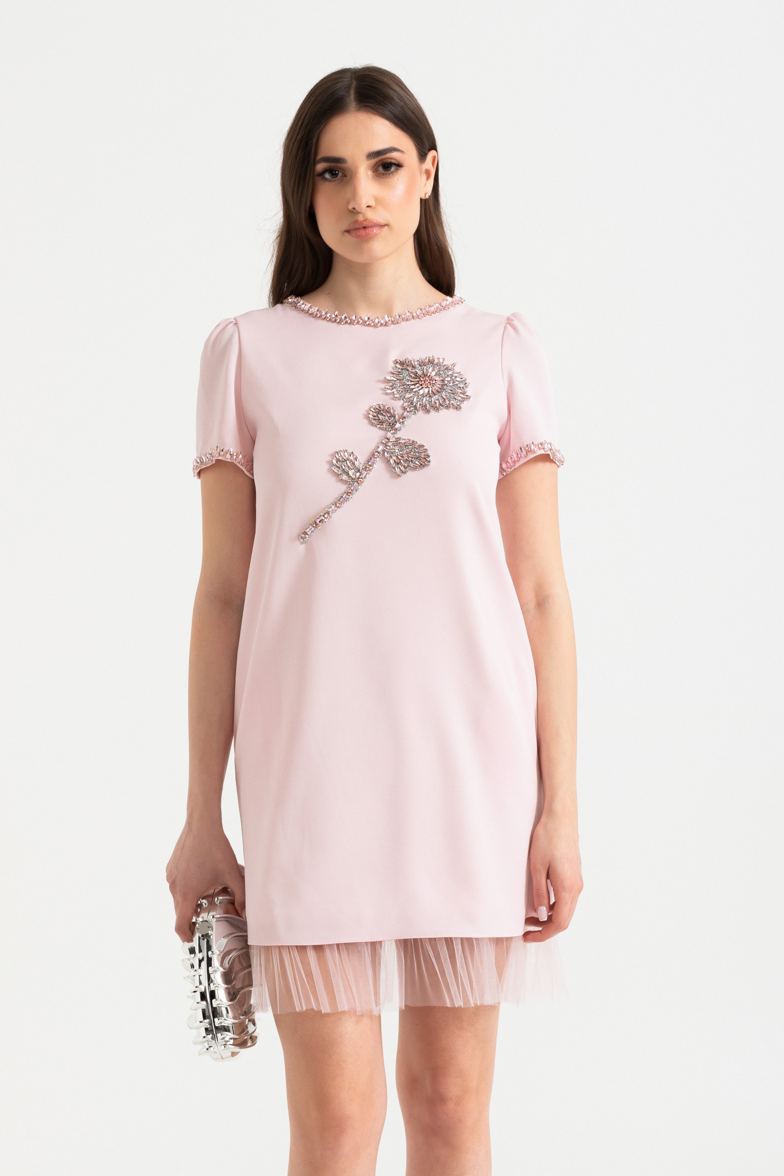 Mini Jurk met Geborduurde Bloemdetail en Tulle Zoom 