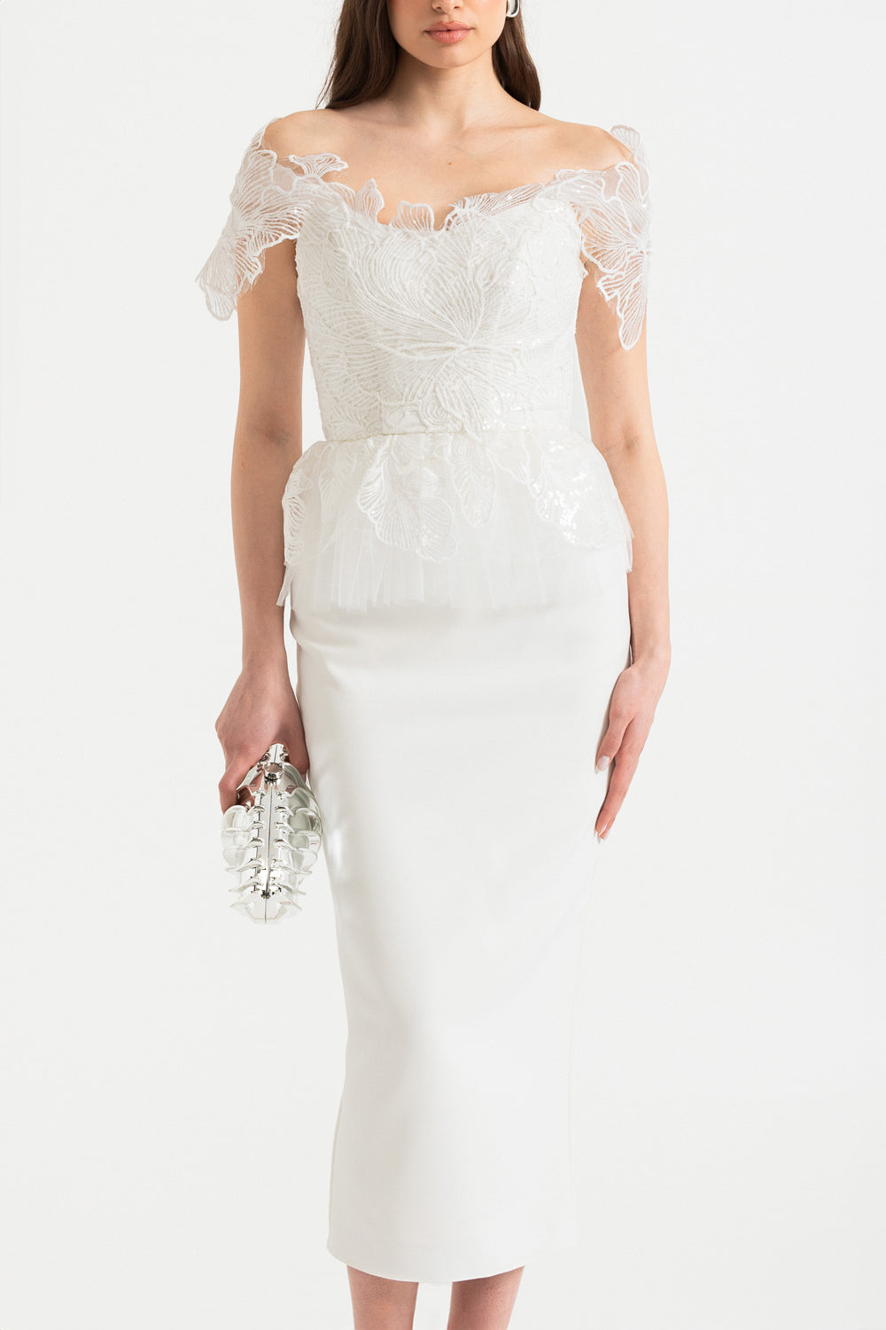 Off-Shoulder Corset Top with Embroidered Details and Lace-Up Back