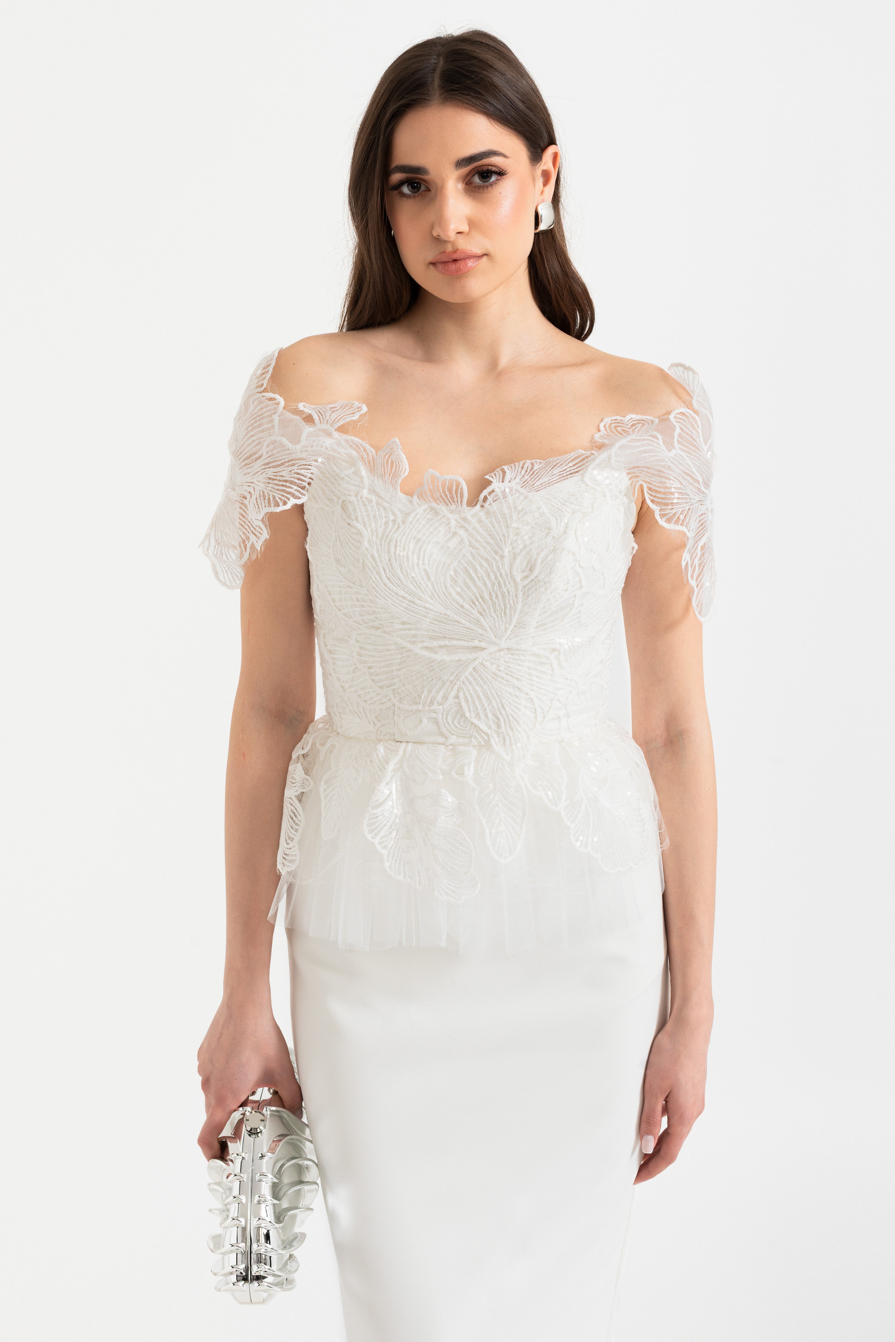 Off-Shoulder Corset Top met Geborduurde Details en Vetersluiting aan de Achterkant 