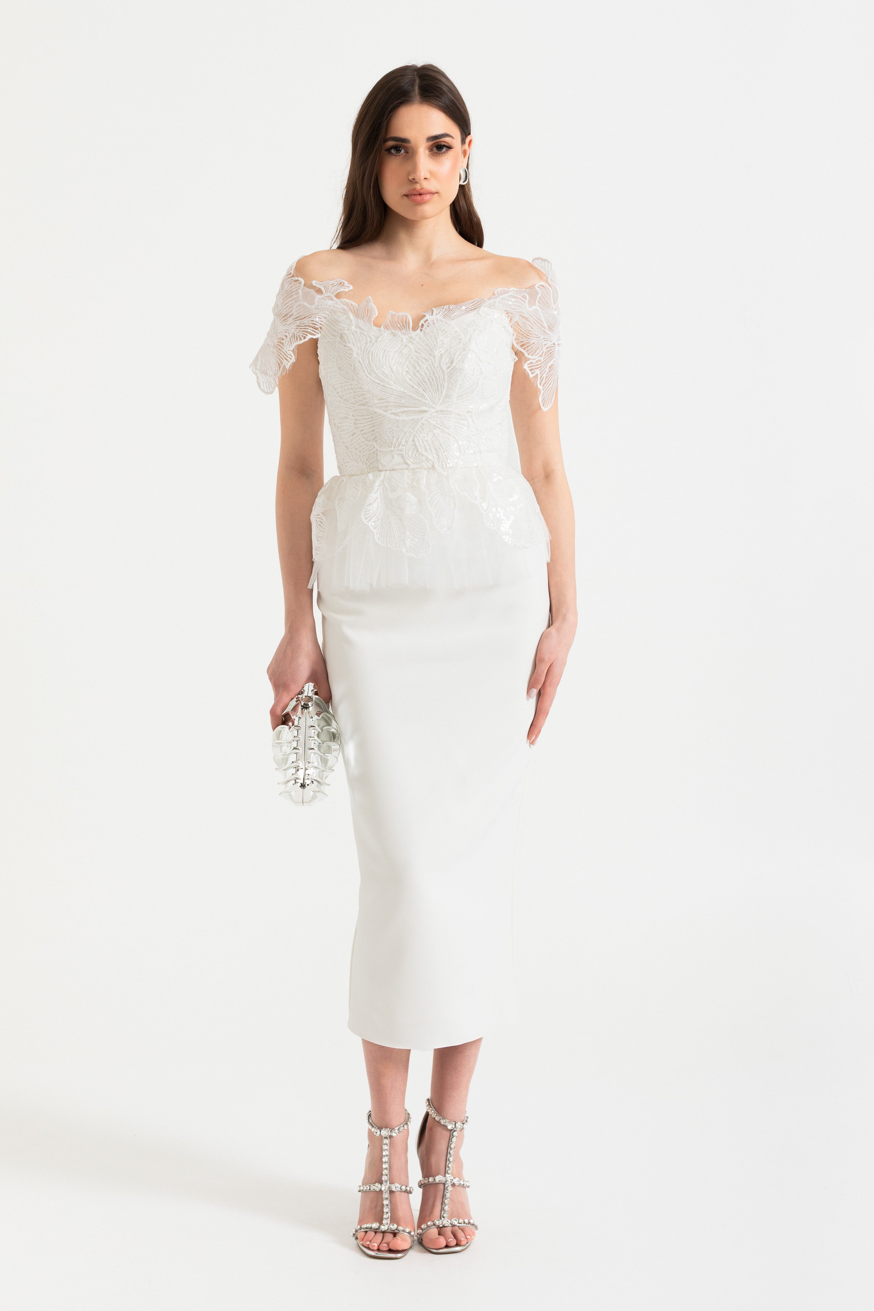 Off-Shoulder Corset Top with Embroidered Details and Lace-Up Back