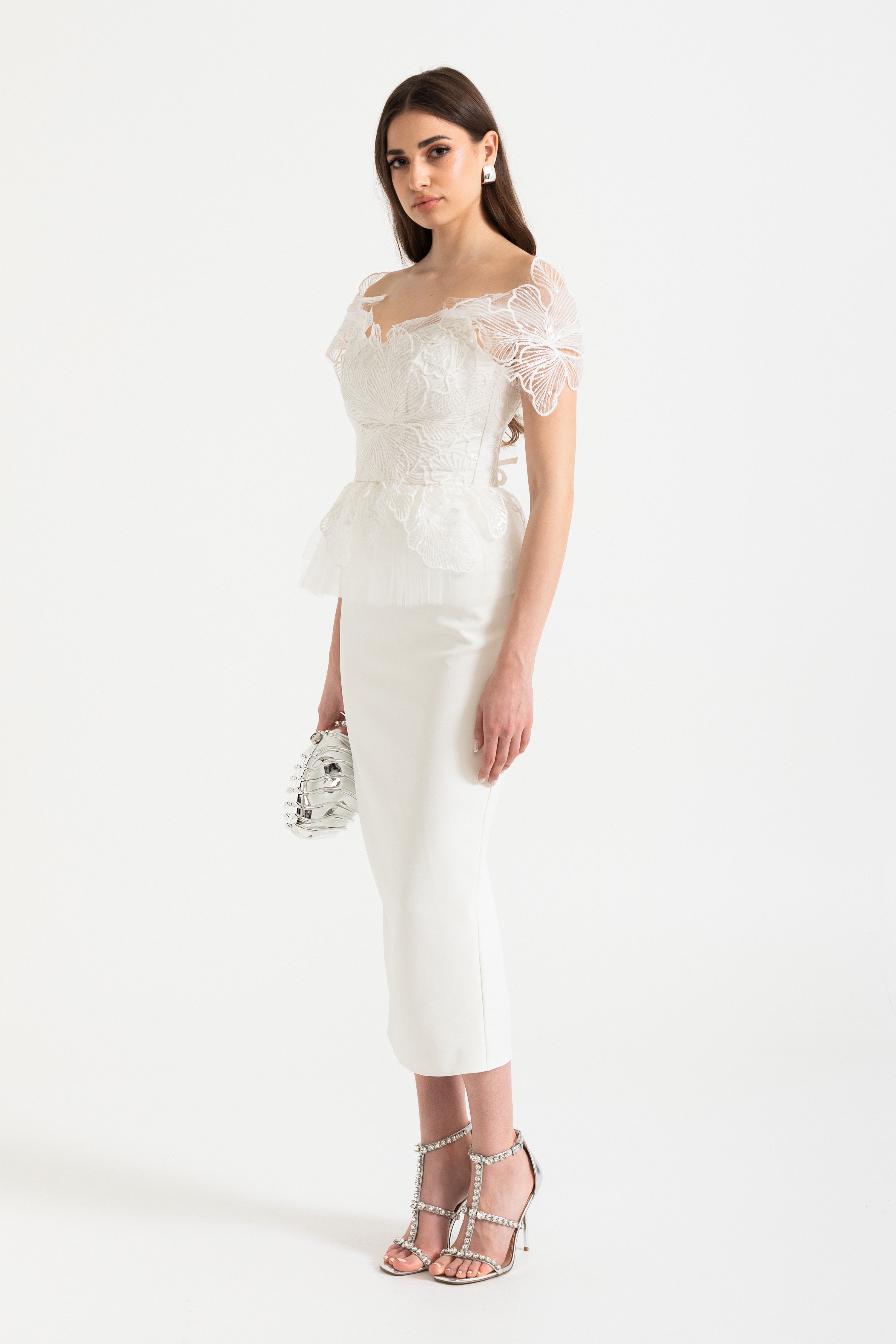 Off-Shoulder Corset Top with Embroidered Details and Lace-Up Back