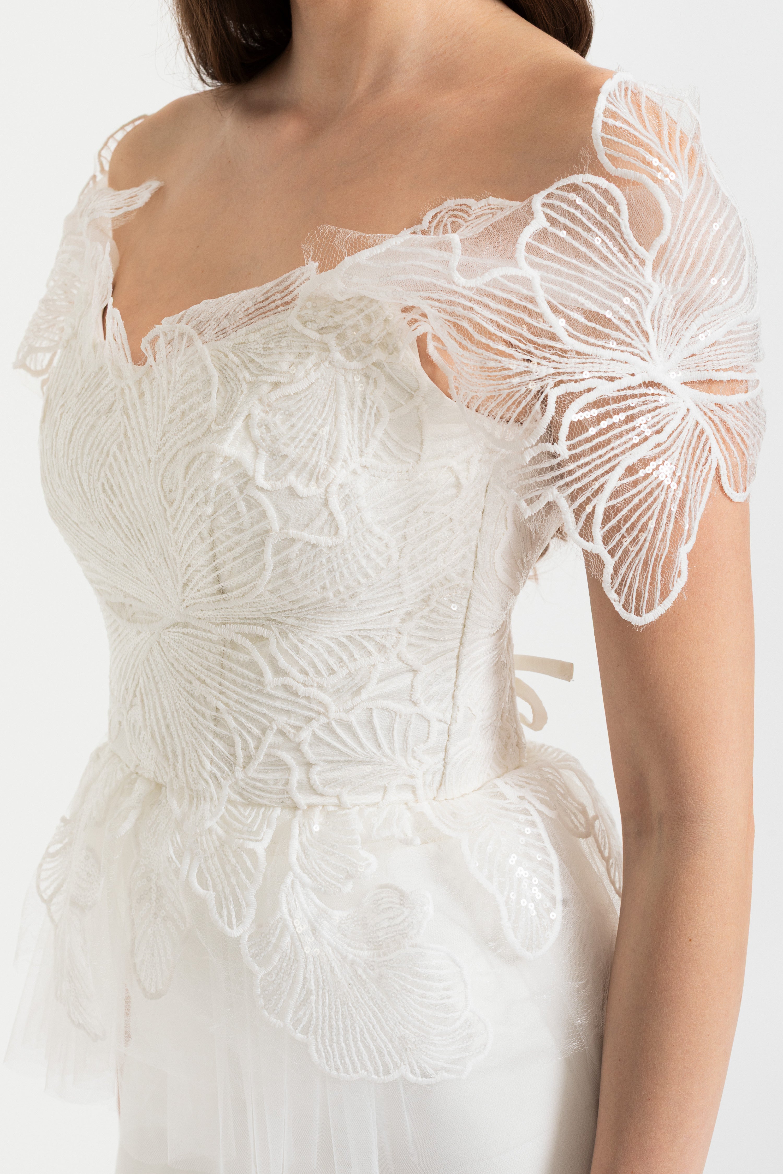 Off-Shoulder Corset Top with Embroidered Details and Lace-Up Back