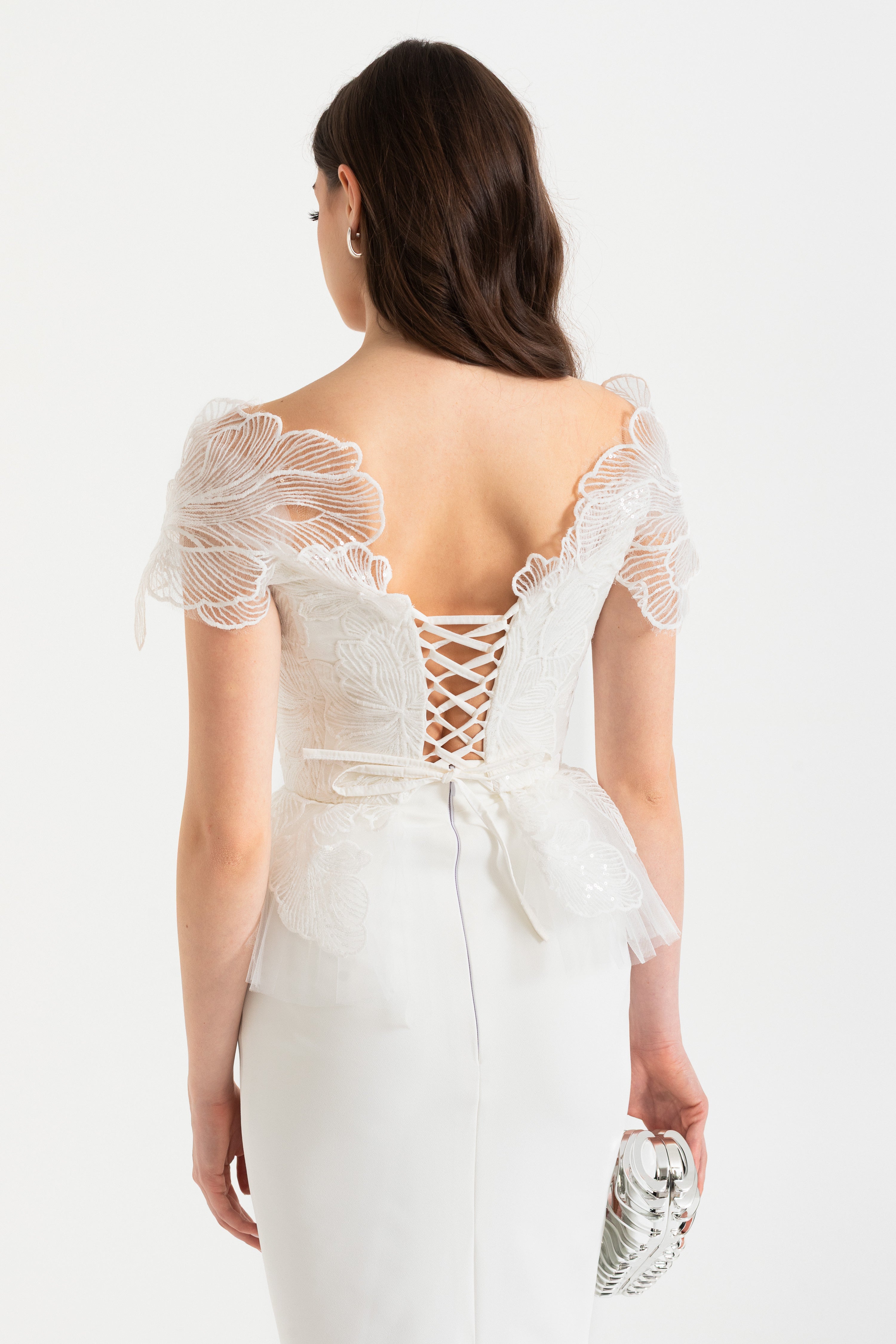 Off-Shoulder Corset Top met Geborduurde Details en Vetersluiting aan de Achterkant 