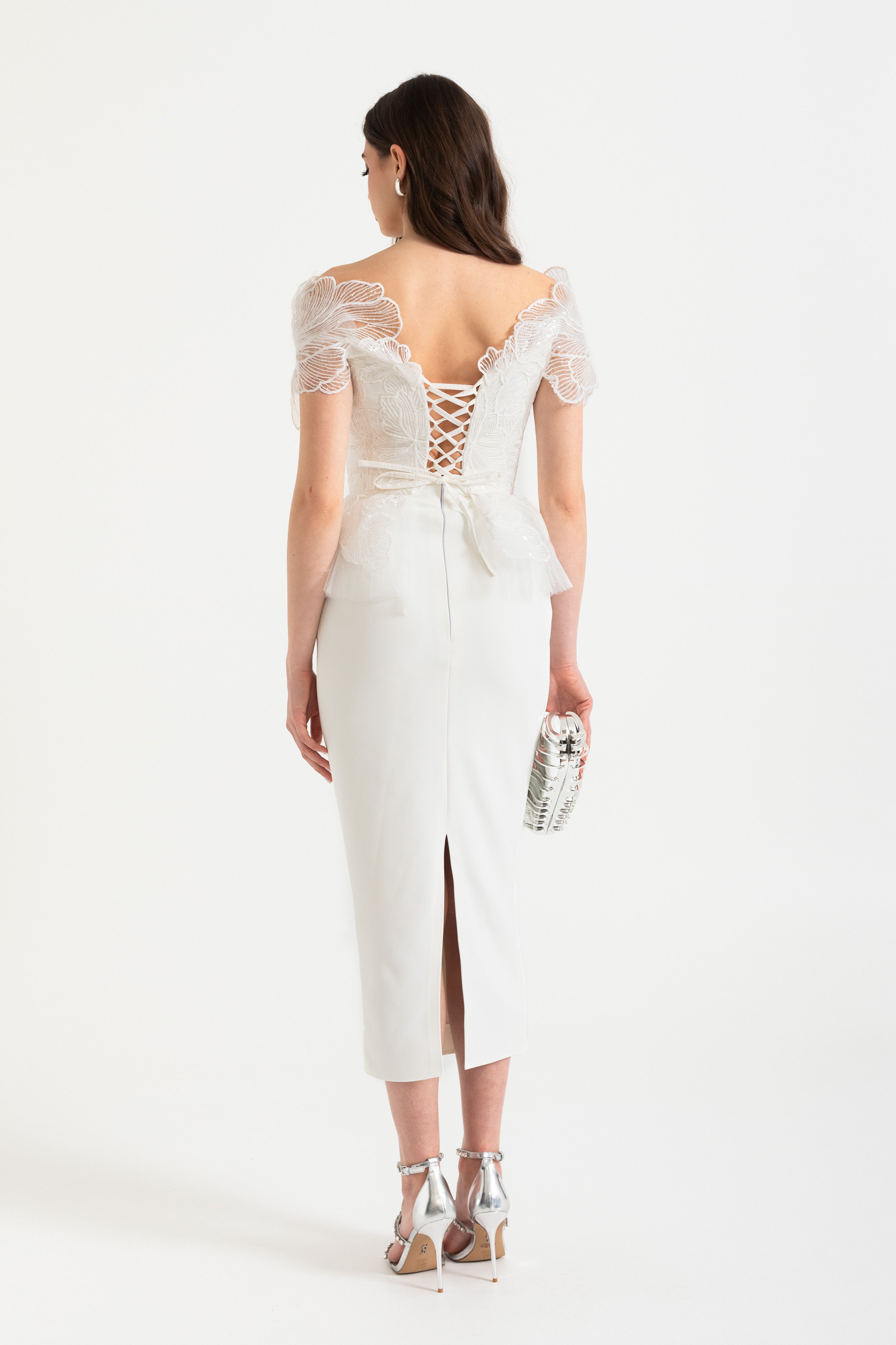 Off-Shoulder Corset Top with Embroidered Details and Lace-Up Back