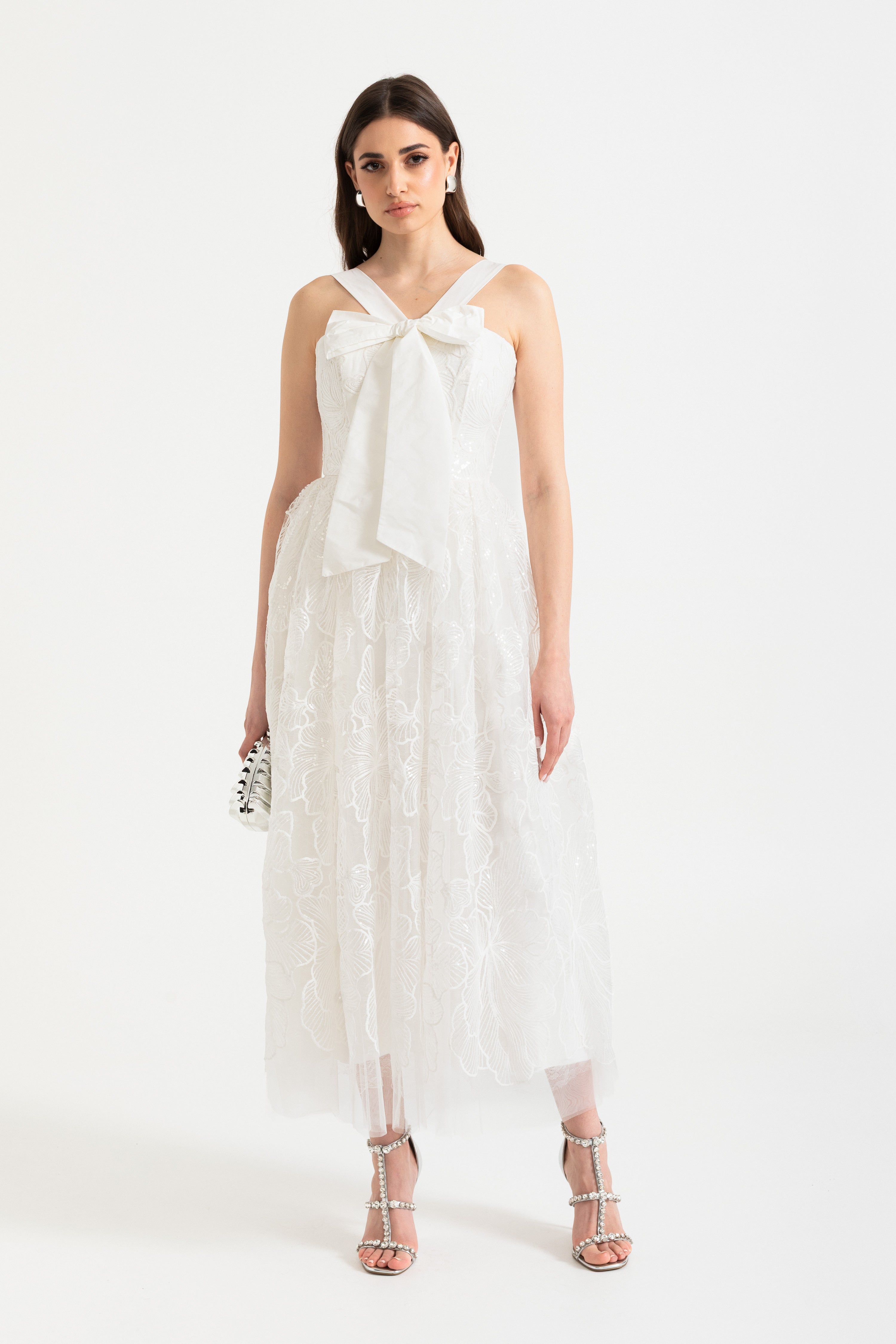 Midi-jurk met brede bandjes en oversized strik 
