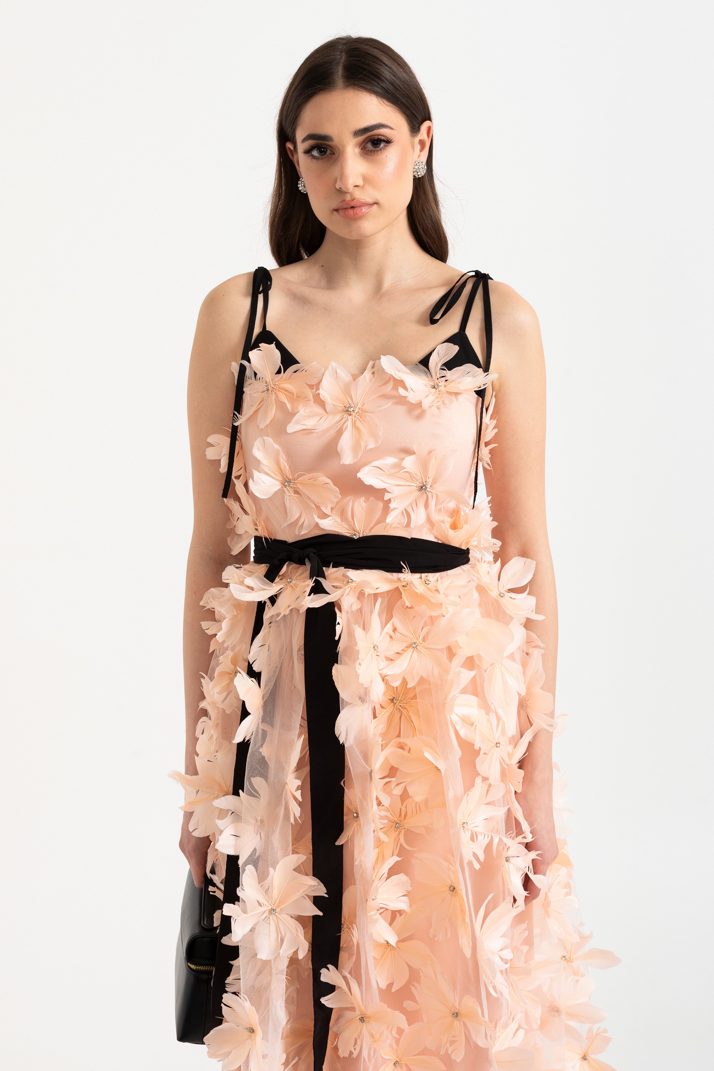 Midi-jurk met 3D-bloemenapplicatie en strikbandjes 