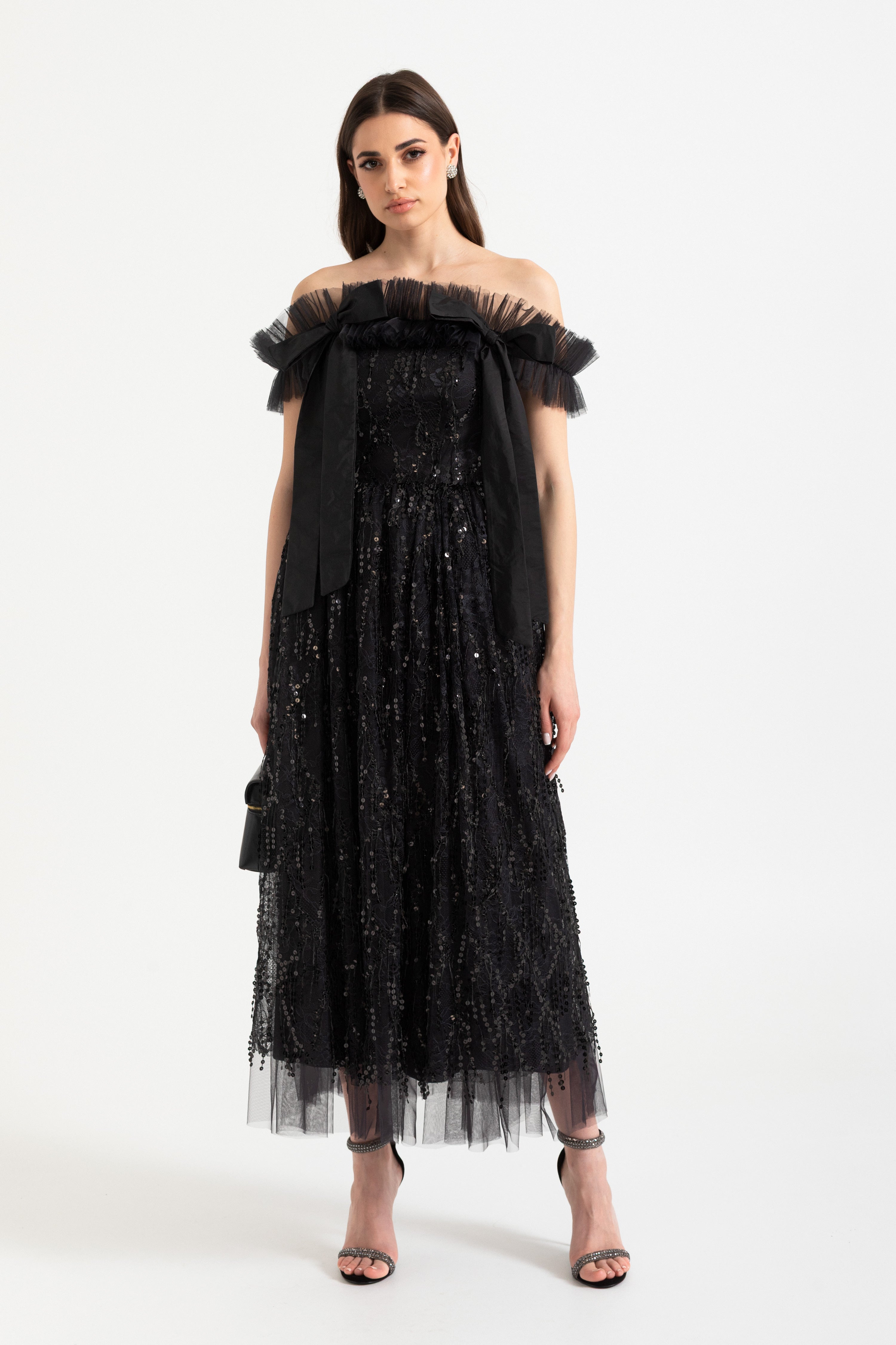 Off-Shoulder Pailletten Midi Jurk met Tulle Ruches en Vetersluiting Achter 