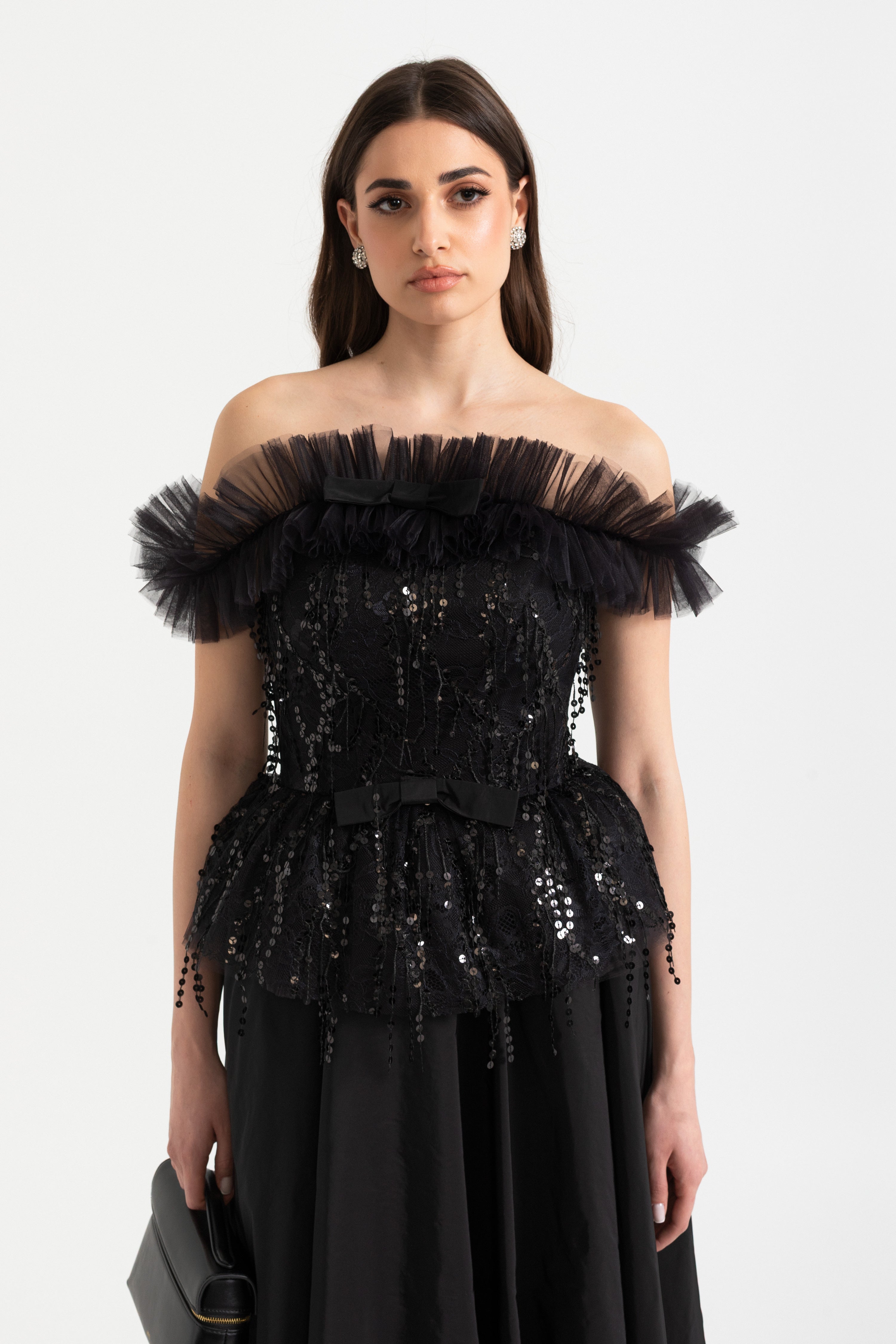 Off-shoulder corsettop met paillettenborduurwerk en gerimpelde afwerking 
