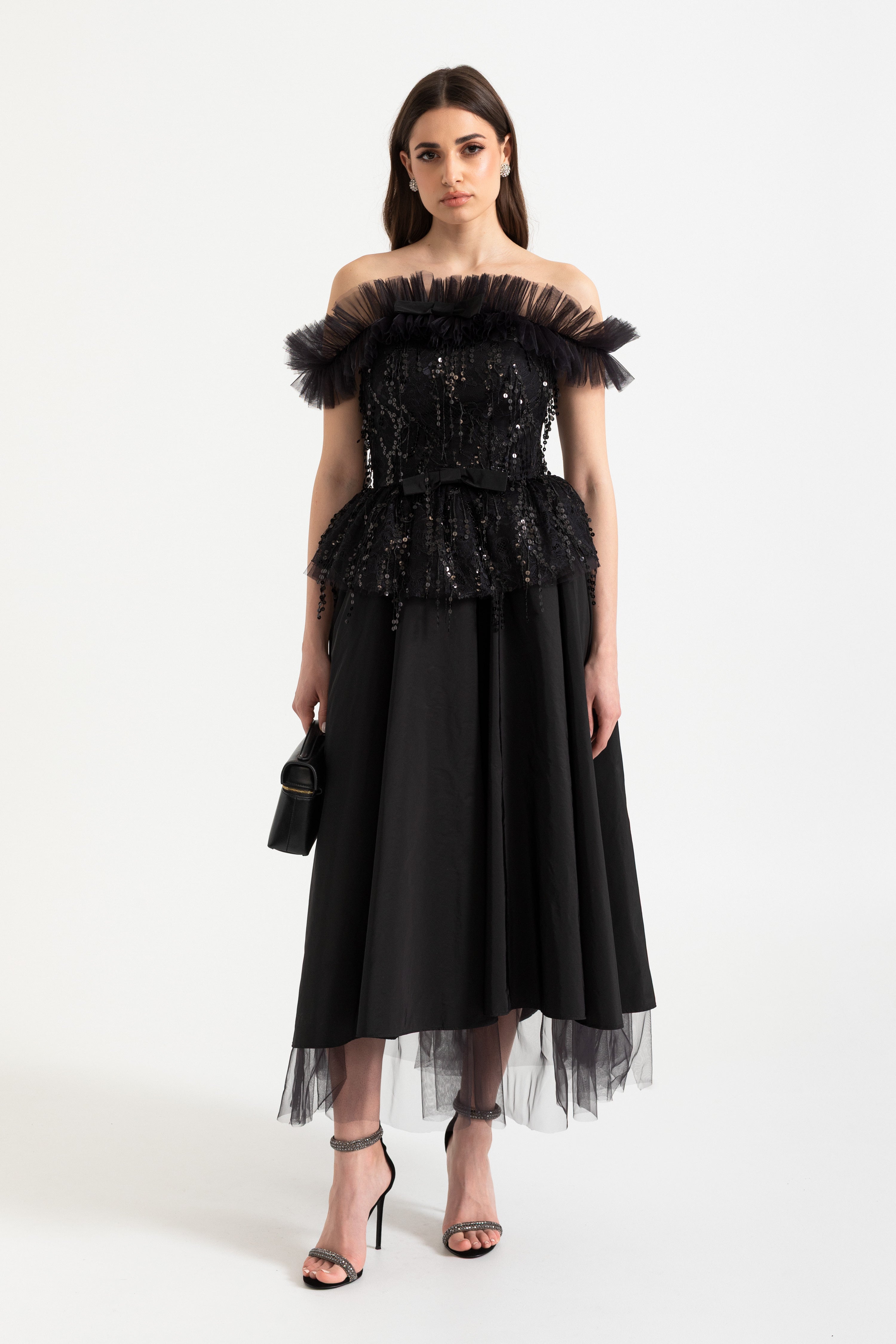 Off-shoulder corsettop met paillettenborduurwerk en gerimpelde afwerking 