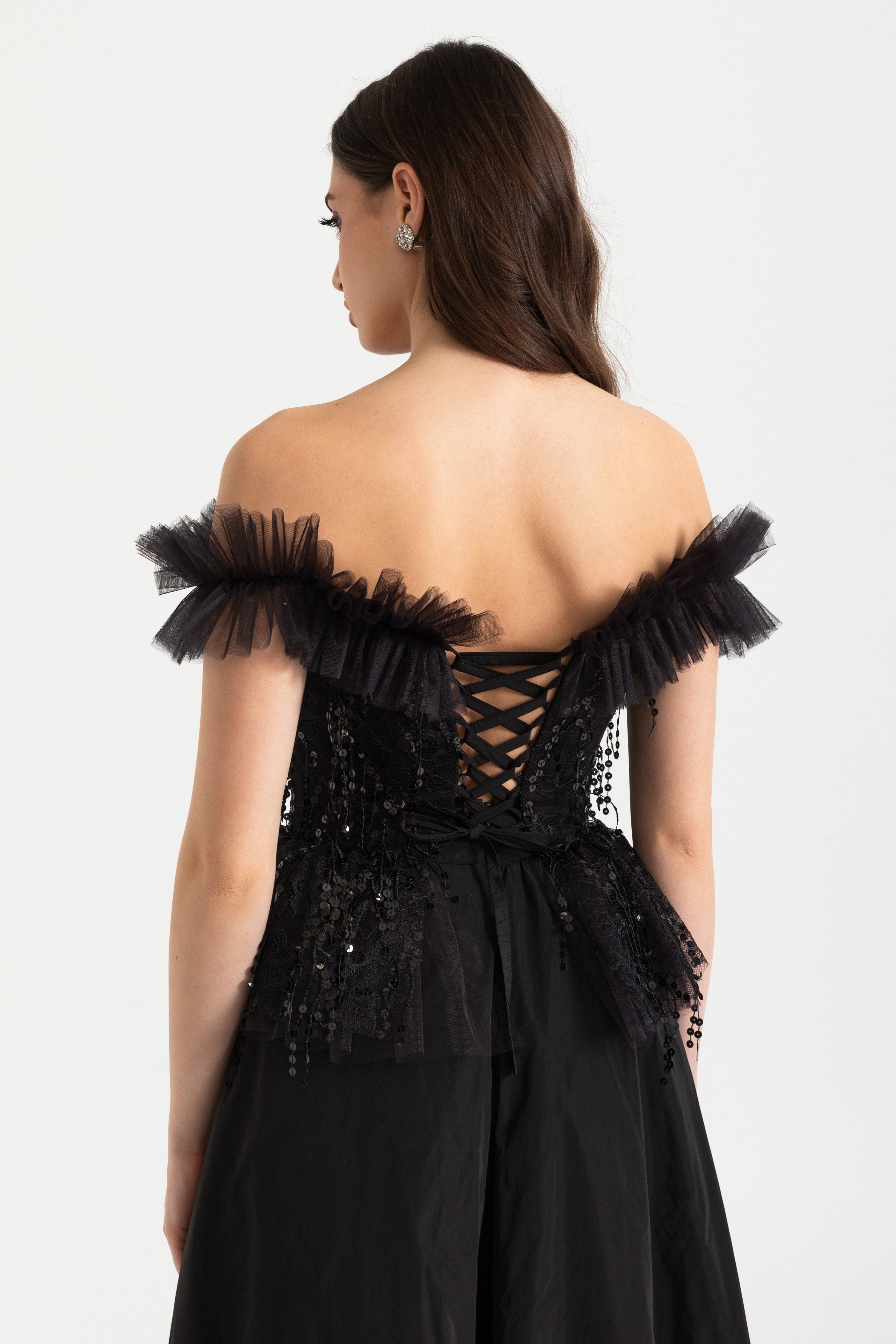Off-shoulder corsettop met paillettenborduurwerk en gerimpelde afwerking 