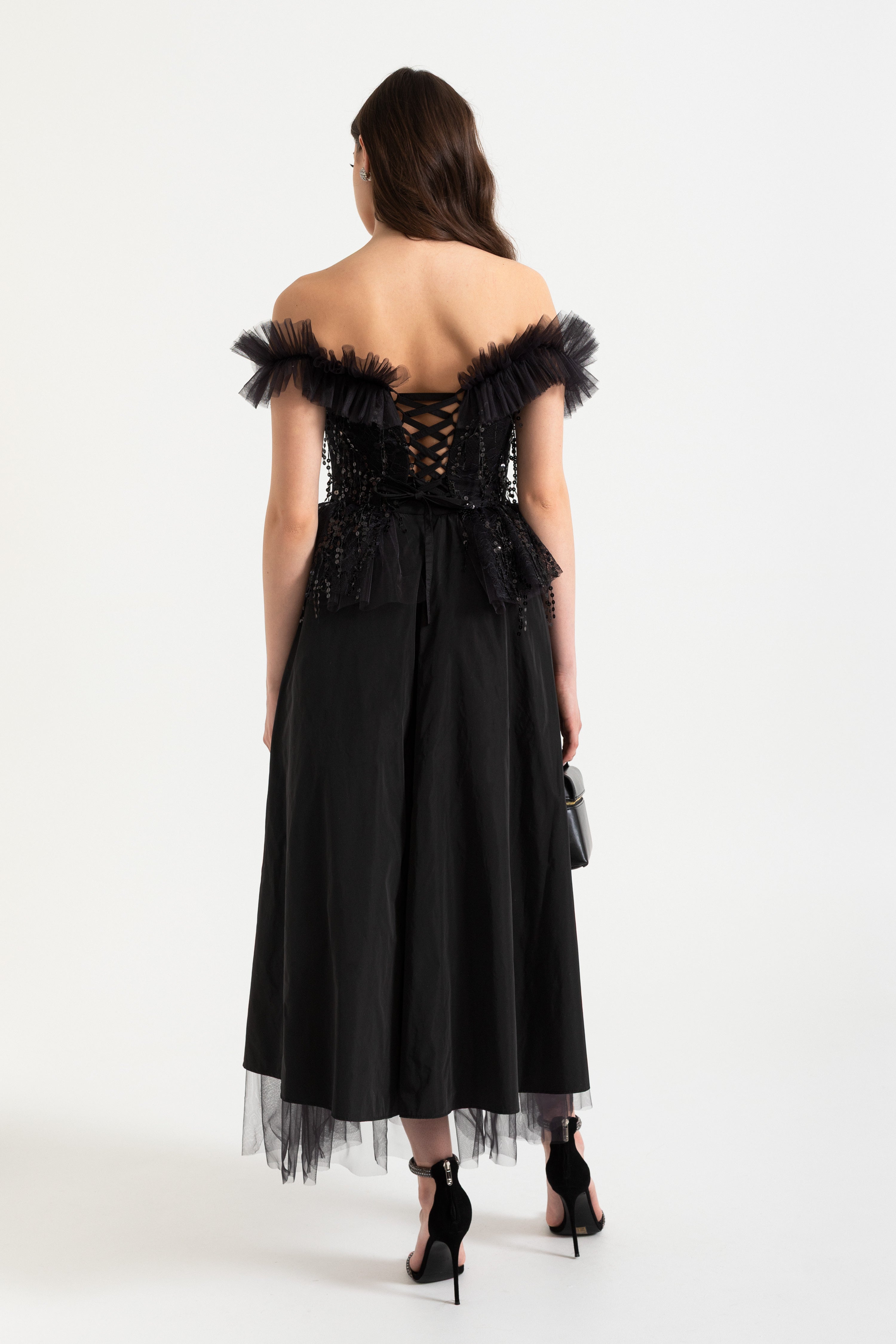 Off-shoulder corsettop met paillettenborduurwerk en gerimpelde afwerking 