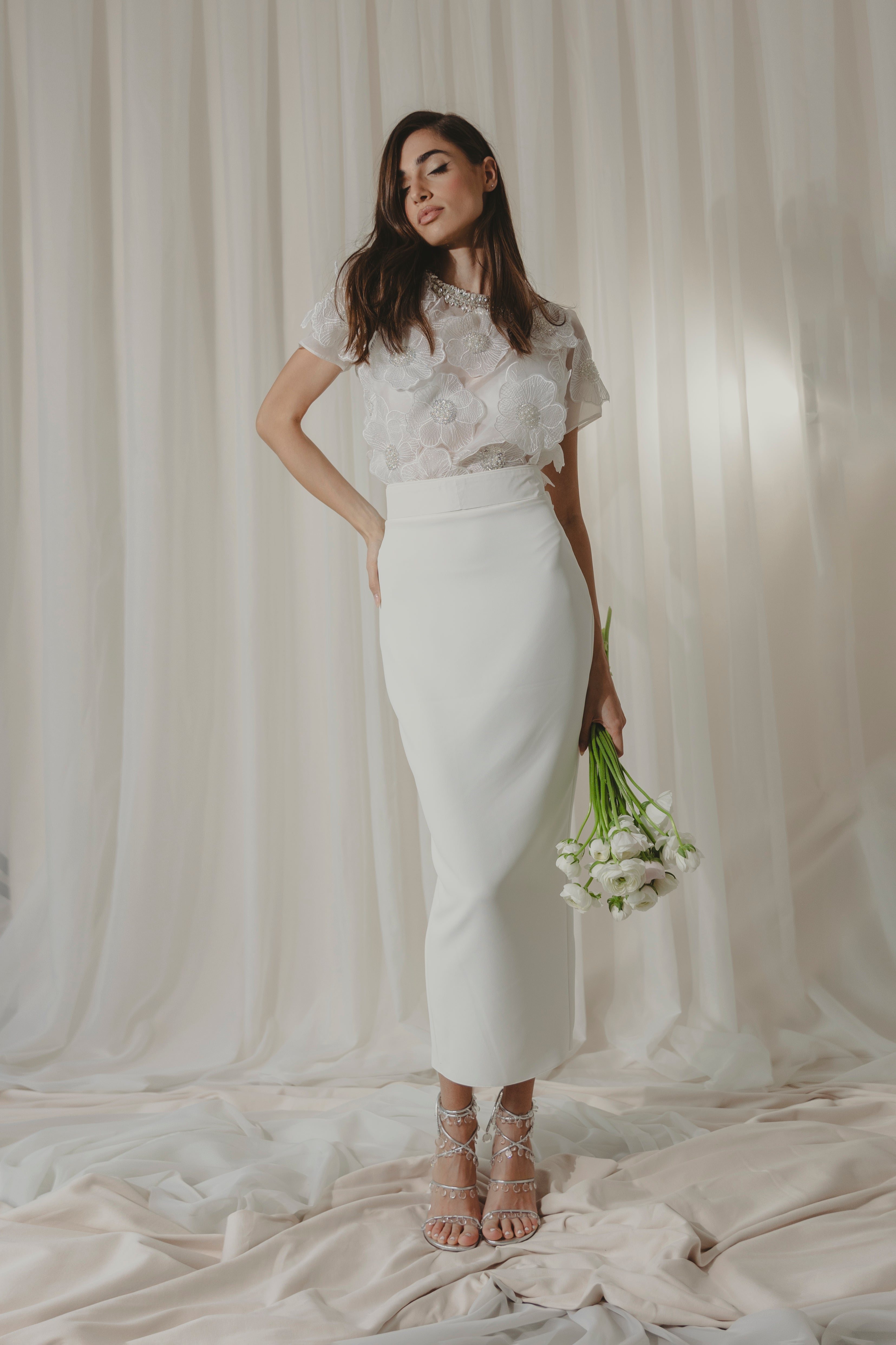 Lola White Organza Top with Hand-Applied 3D Flowers