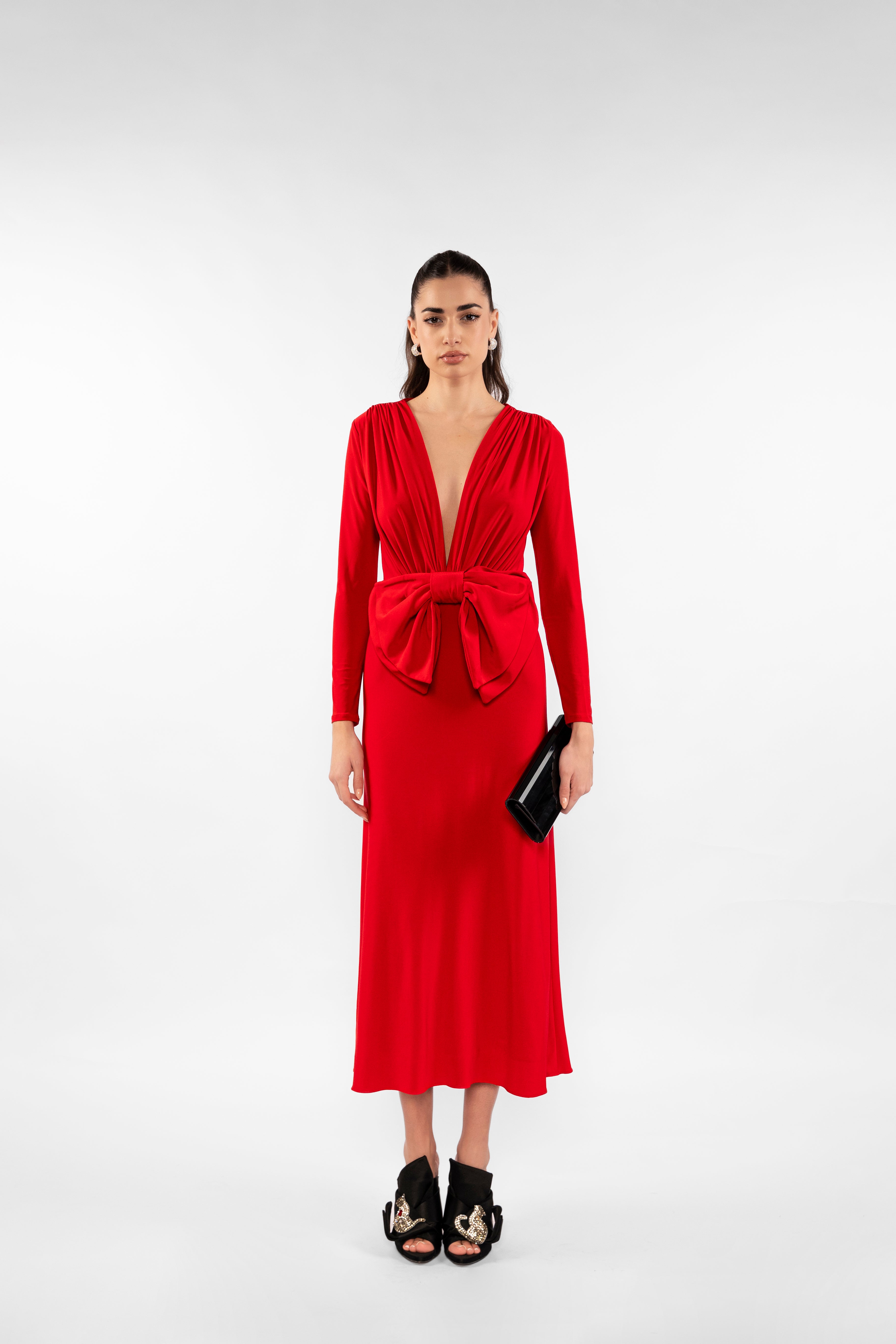 Alma Bow Midi Dress - Red