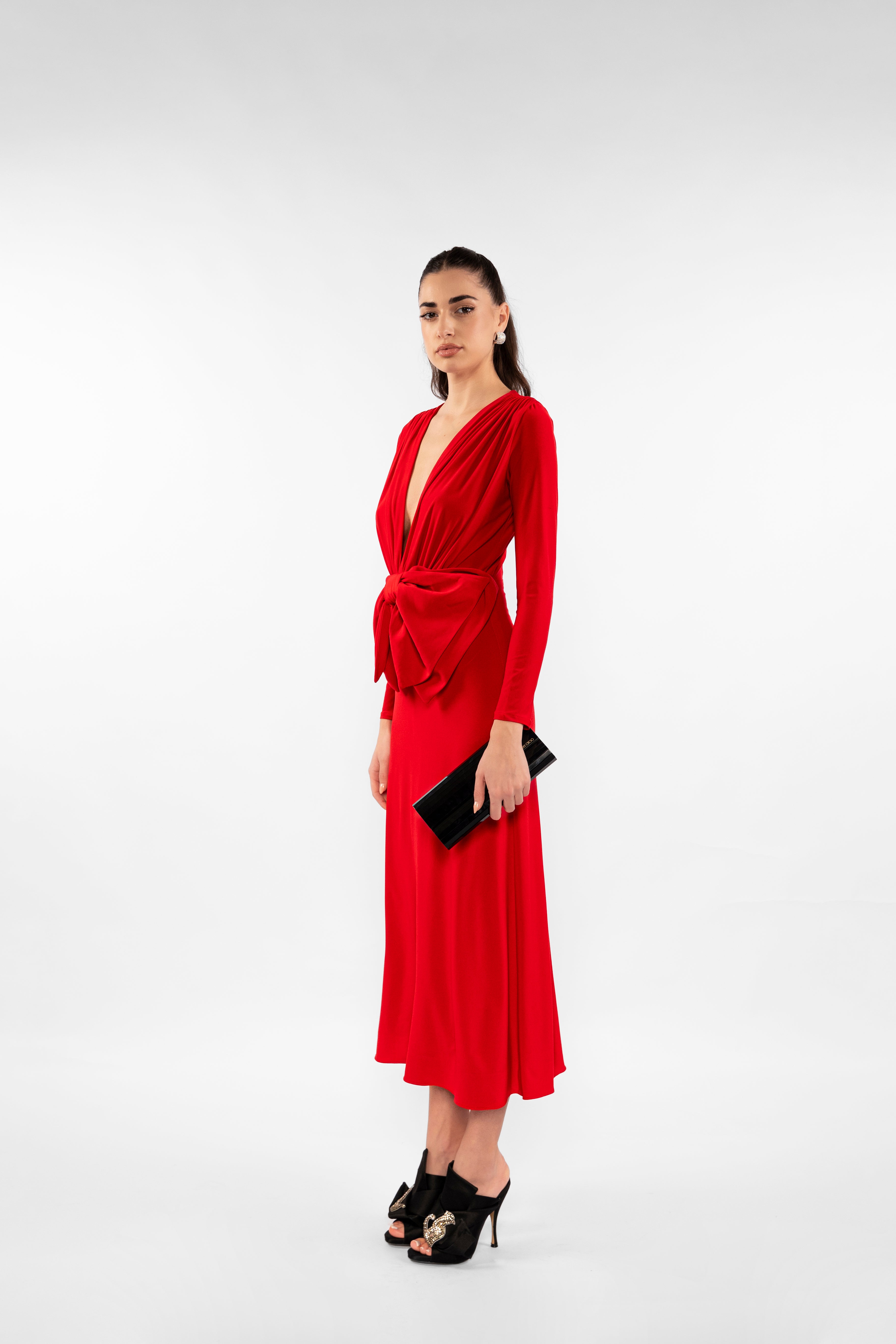 Alma Bow Midi Dress - Red